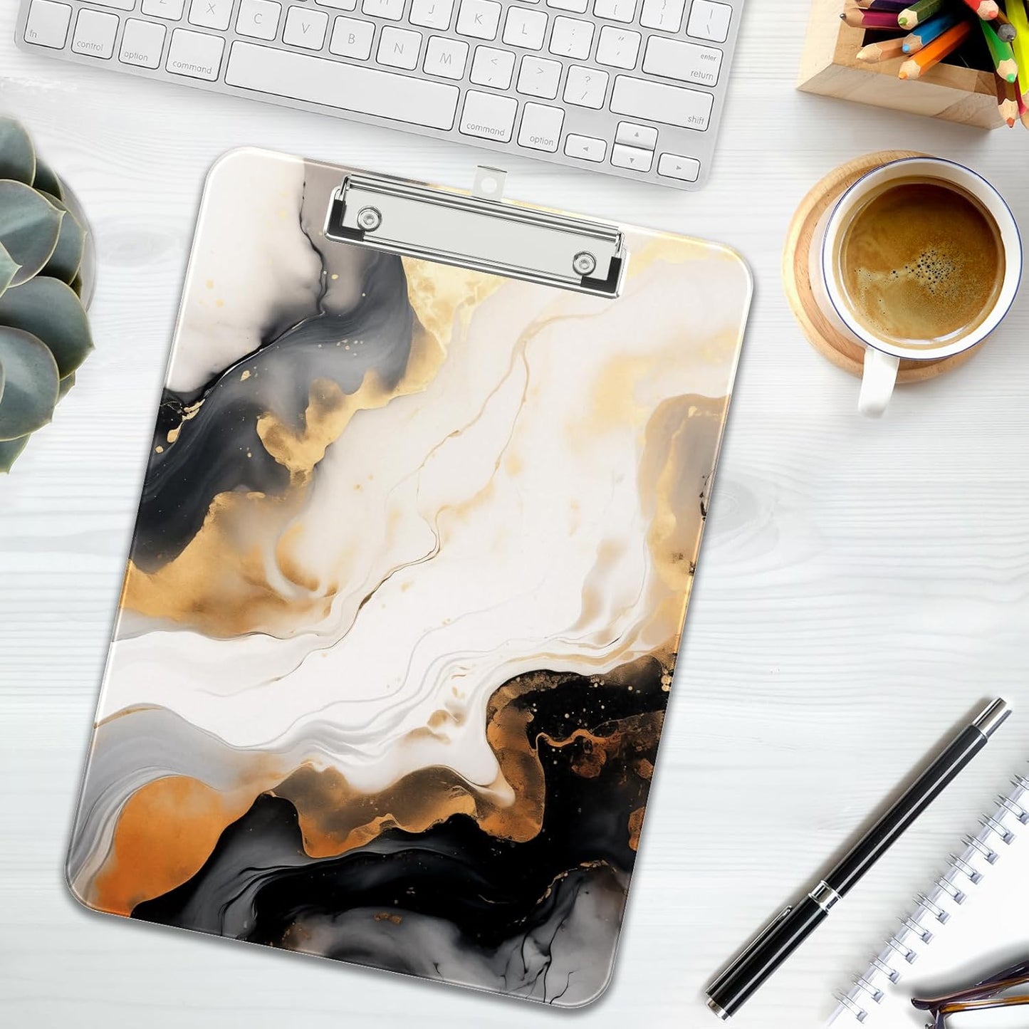 Rimilak Plastic Clipboards with Metal Clip, A4 Letter Size 9 x 12.5 in, Office Decorative for Students Women Men and Kids, Cute Custom Pattern, White Gold Marble