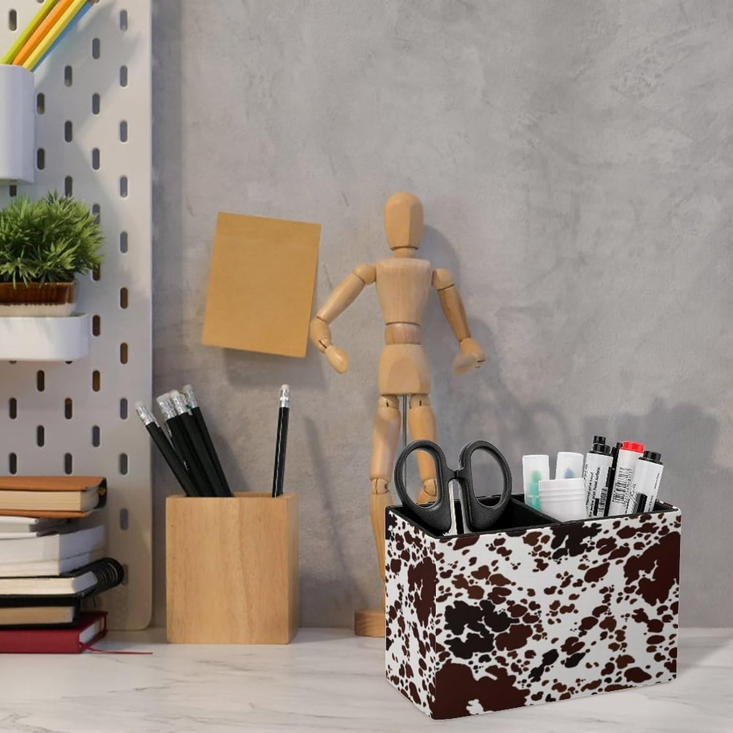 Pen Holder, Pencil Holder for Desk Organizer, Cow Print Brown Spots PU Leather Pencil Cups Desktop Stationery Storage Makeup Brush Holder Pen Organizer for Office Home