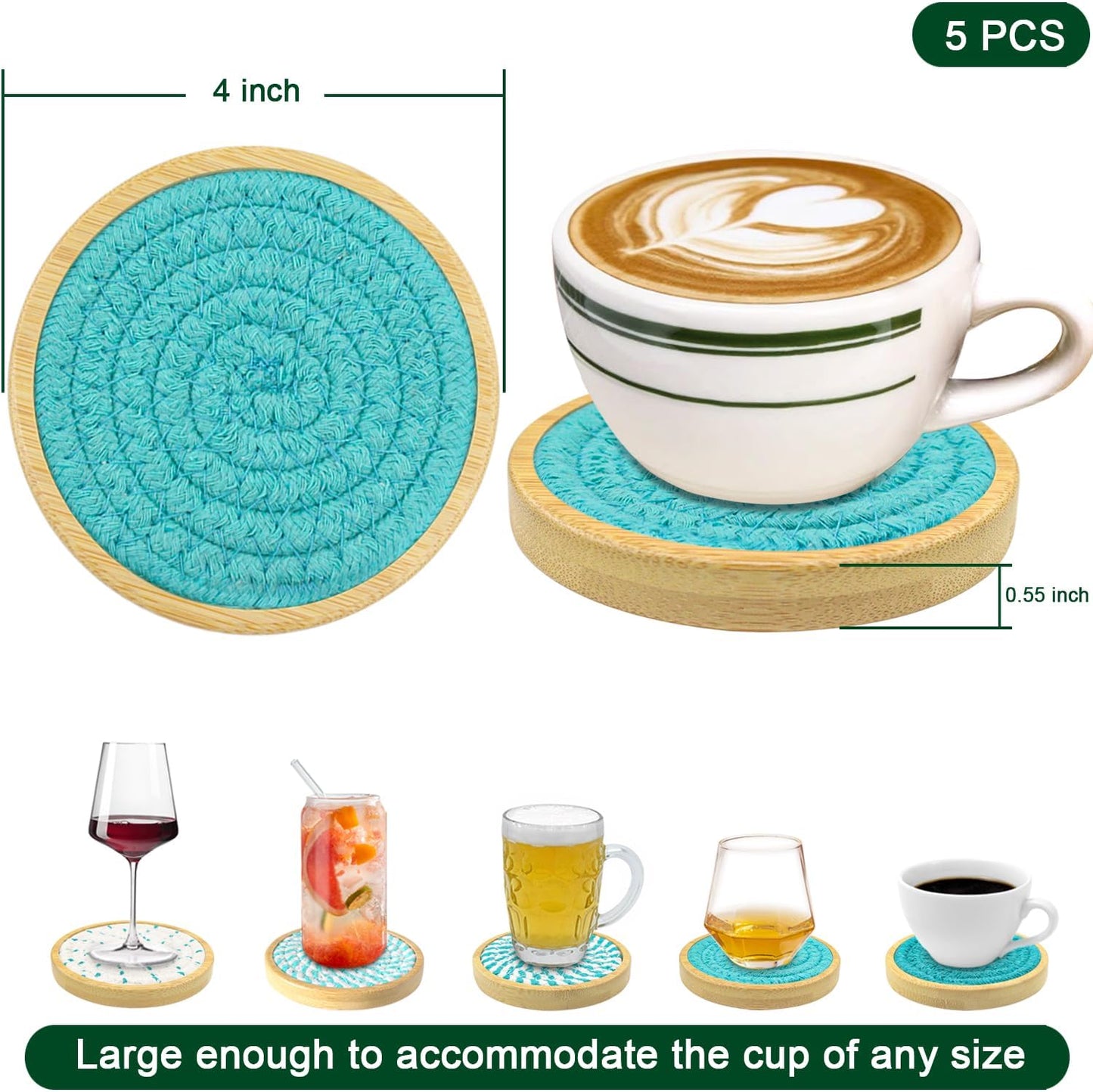Bamboo Coasters for Drinks, Absorbent Coaster Sets of 5, Woven Drink Coasters for Coffee Table, Housewarming Gift for Farmhouse Home Decor,4 inches (Lake Blue Series)