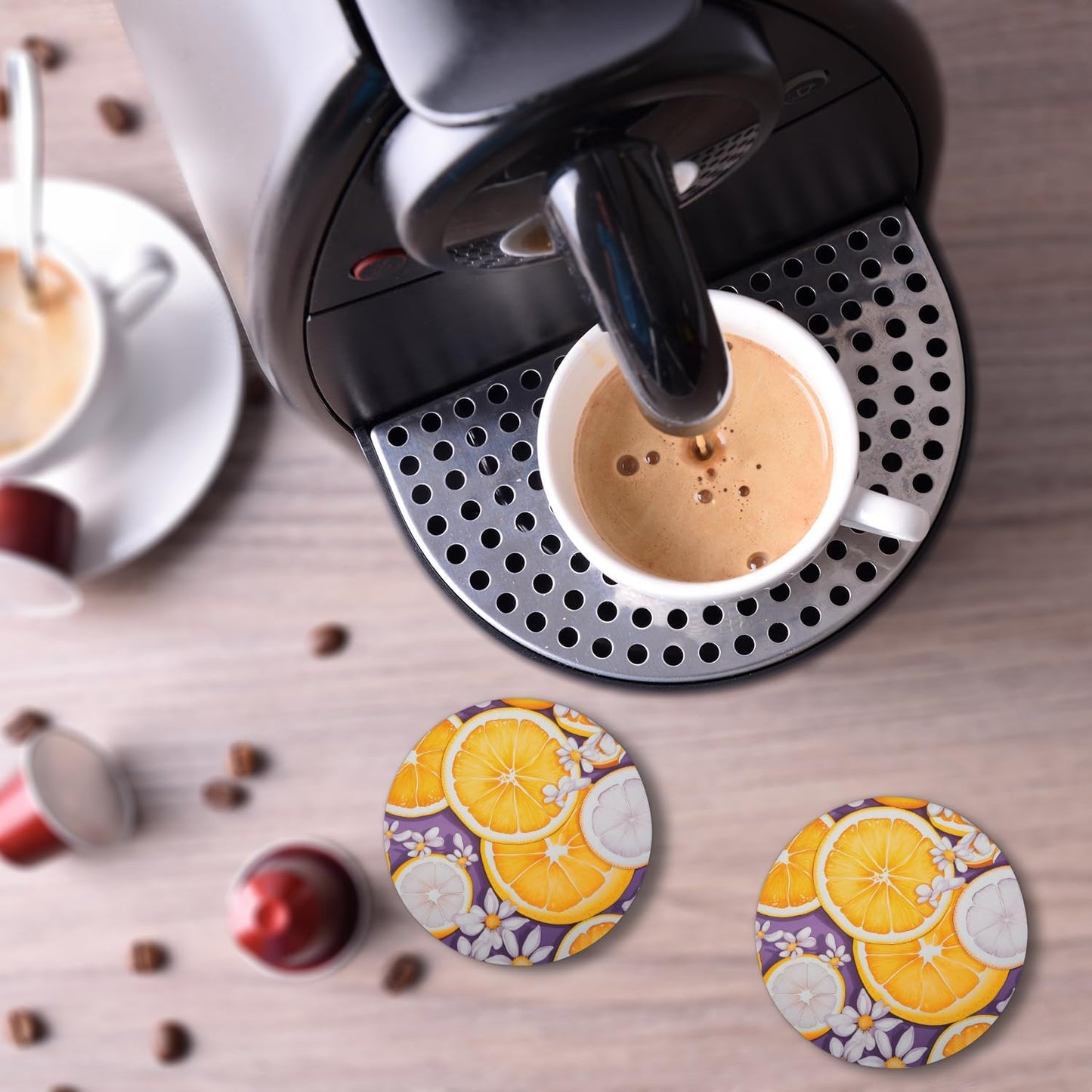 Ceramic Coasters for Drinks with Cork Back, Citrus Slice Daisy 4 Inch Absorbent Coaster Set 2 Pack, Quick Dry Non-Slip Coaster Mats for Home, Office, Bar