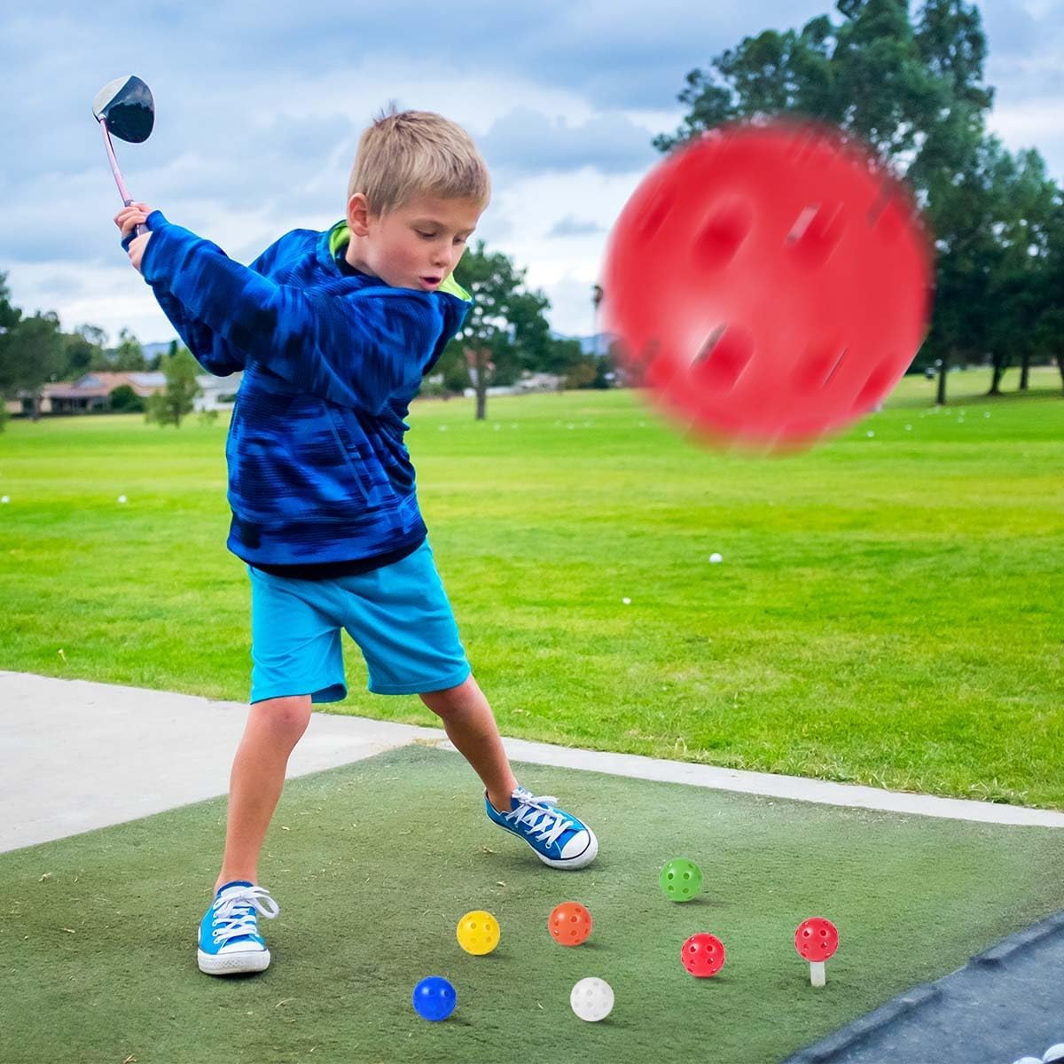 90 Pack Colorful Plastic Practice Golf Balls Airflow Hollow Training Golf Balls with Nylon Mesh Bags for Driving Range, Swing Practice, Outdoor or Home Use