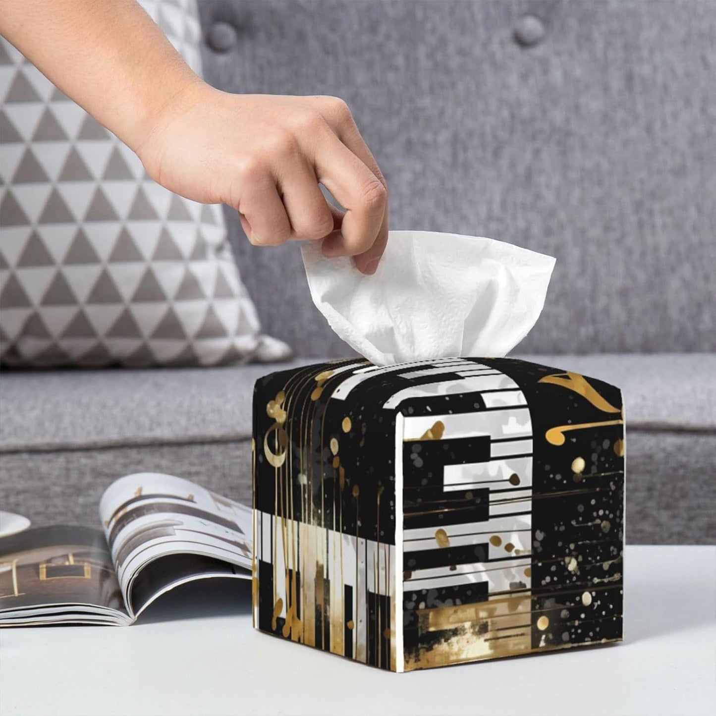 Tissue Box Cover Golden Music Notes Piano Keys Square PU Leather Tissue Box Holder for Car Bathroom Bedroom Desk Tabletop Decor