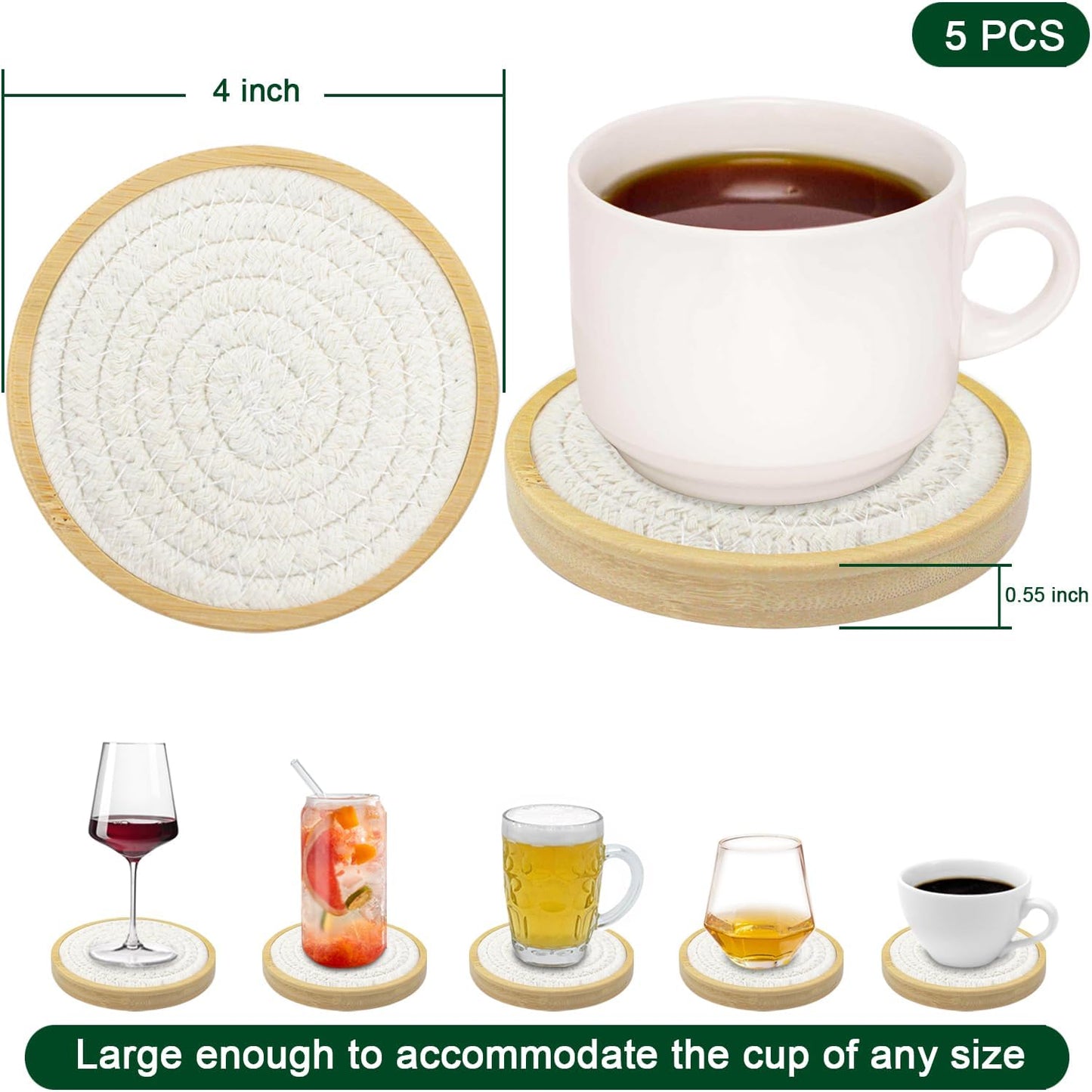 Bamboo Coasters for Drinks, Absorbent Coaster Sets of 5, Woven Drink Coasters for Coffee Table, Housewarming Gift for Farmhouse Home Decor,4 inches (White Series)
