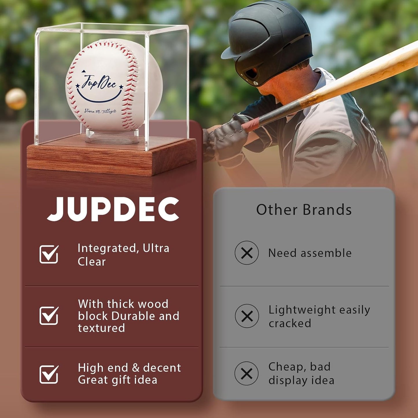JupDec Baseball Display Case 4 Pack, Clear Cube Baseball Holder with Wooden Base, Autograph Baseball Stand Box for Single Ball, Brown