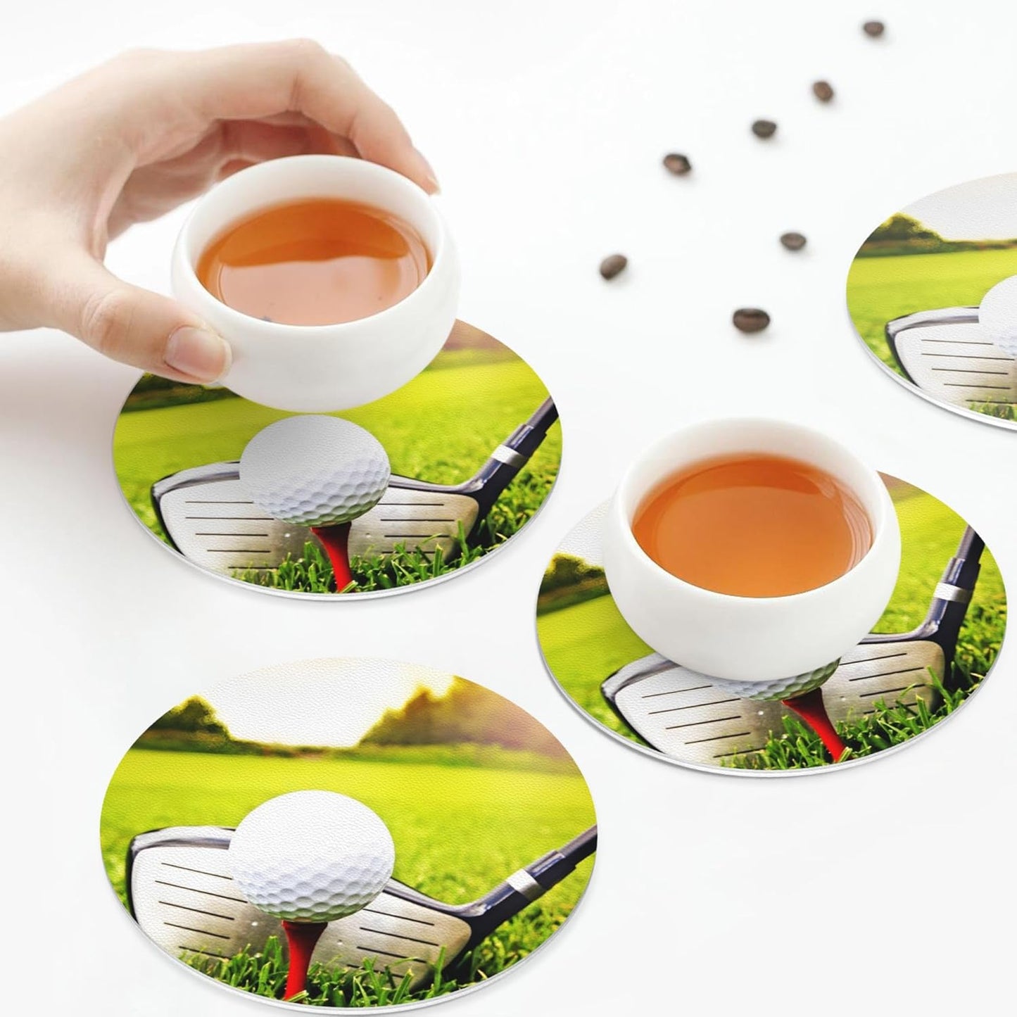 Coasters for Drinks Set of 6, Golf Ball Sports Drink Coasters for Coffee Table, Table Cup Mat Leather Desk Coaster for Drinks, Bar Coasters for Office Home Decor