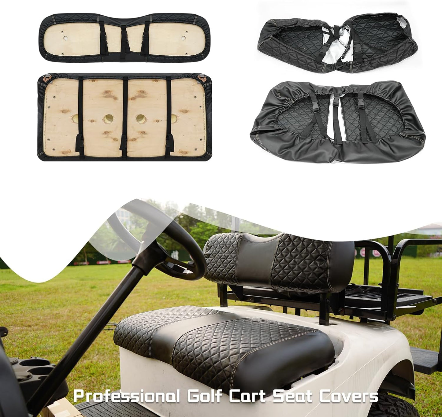 XUANYUDG0769 Golf Cart Front and Rear Seat Covers for EZGO TXT/RXV Club Car DS/Precedent Yamaha G29, Vinyl Leather Made/Adjustable Straps and Retractable Buckle/No Stapler Required,4PCS