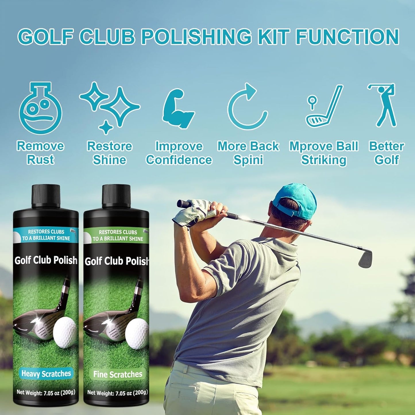 Golf Club Polish 14.1oz, Remove Scuffs and Scratches Golf Club Polishing Kit, Club Cleaning Kit Polish for Metal, Zinc, Aluminum & Steel Clubs