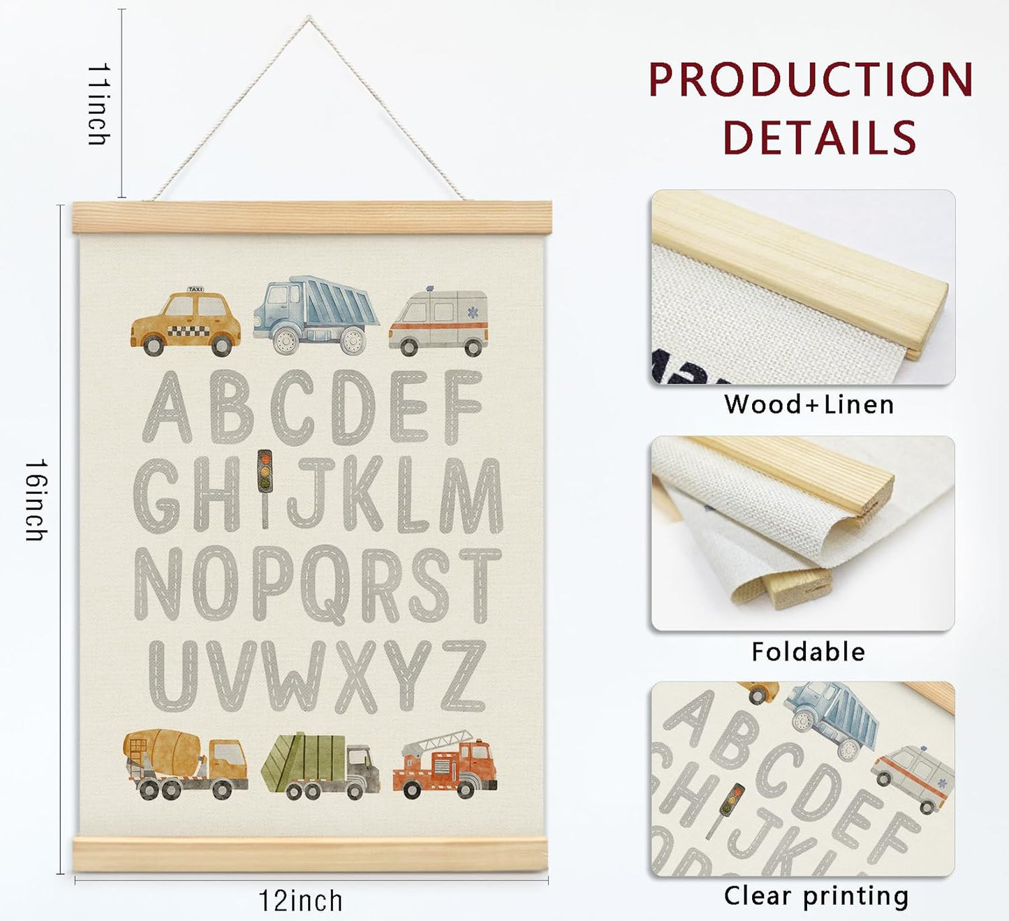 KDHTY ABC Alphabet Chart Wall Art,Toddler Learning Posters Hanger Frame,Car Wall Art Decor,Toddler Boy Room Decor for Toddler Playroom Nursery,12x16 Inch,Set of 2