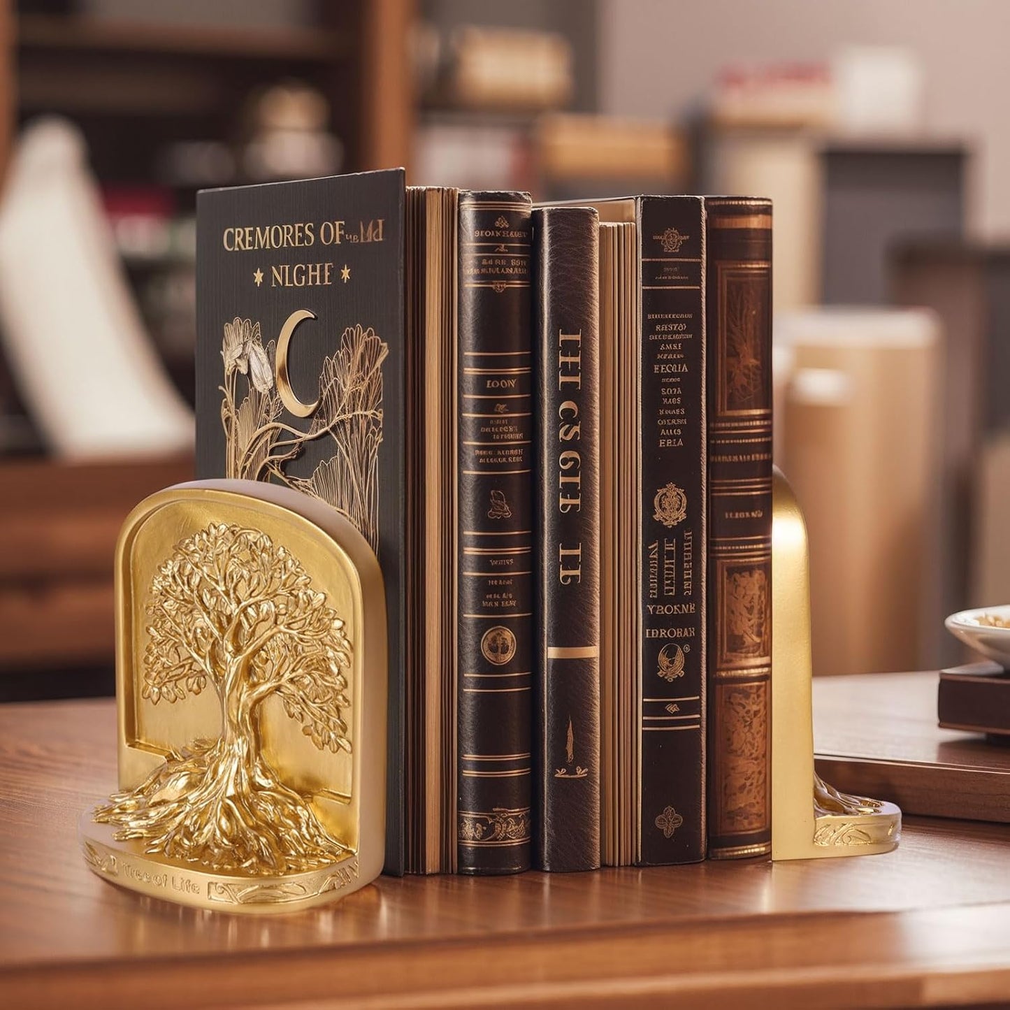 Gold Tree of Life Bookends Set, 2 Decorative Bookends for Shelves or Bookcase, Non-Skid Heavy Bookends for Desktop Shelf Decor, Library Office Decor, Home Décor Gift (Gold)