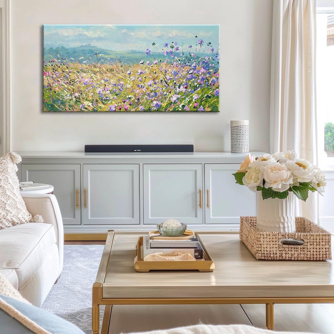 Rustic Wildflower Wall Art Farmhouse Colorful Floral Scenery Picture for Living Room Watercolor Daisy Flower Botanical Landscape Prints Nature Painting Bedroom Bathroom Home Decorations 48"x24"