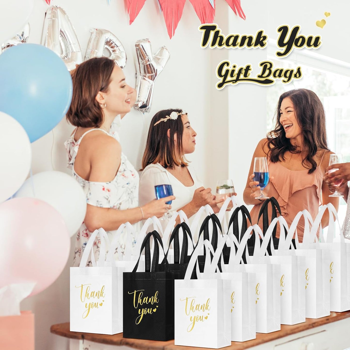 Sweetude 30 Pcs Thank You Gift Bags with Handles Bulk Reusable Goodie Bag Non Woven Foldable Handbag for Graduation Wedding Bridesmaid Gifts(10 x 8 x 4 Inch,Black, White)