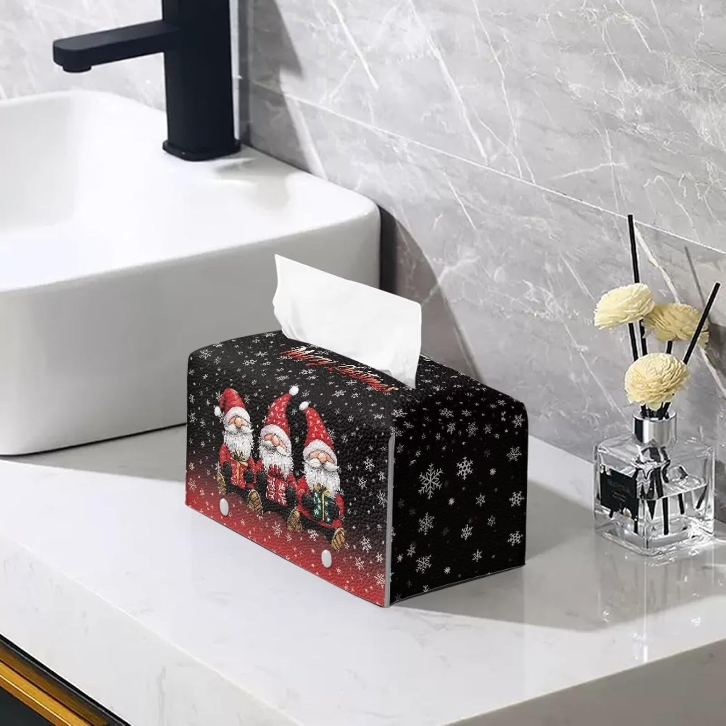 Christmas Tissue Box Cover - Rectangle Dwarf Holder PU Leather Holiday Cover for Desk Vanity Countertop Night Stand
