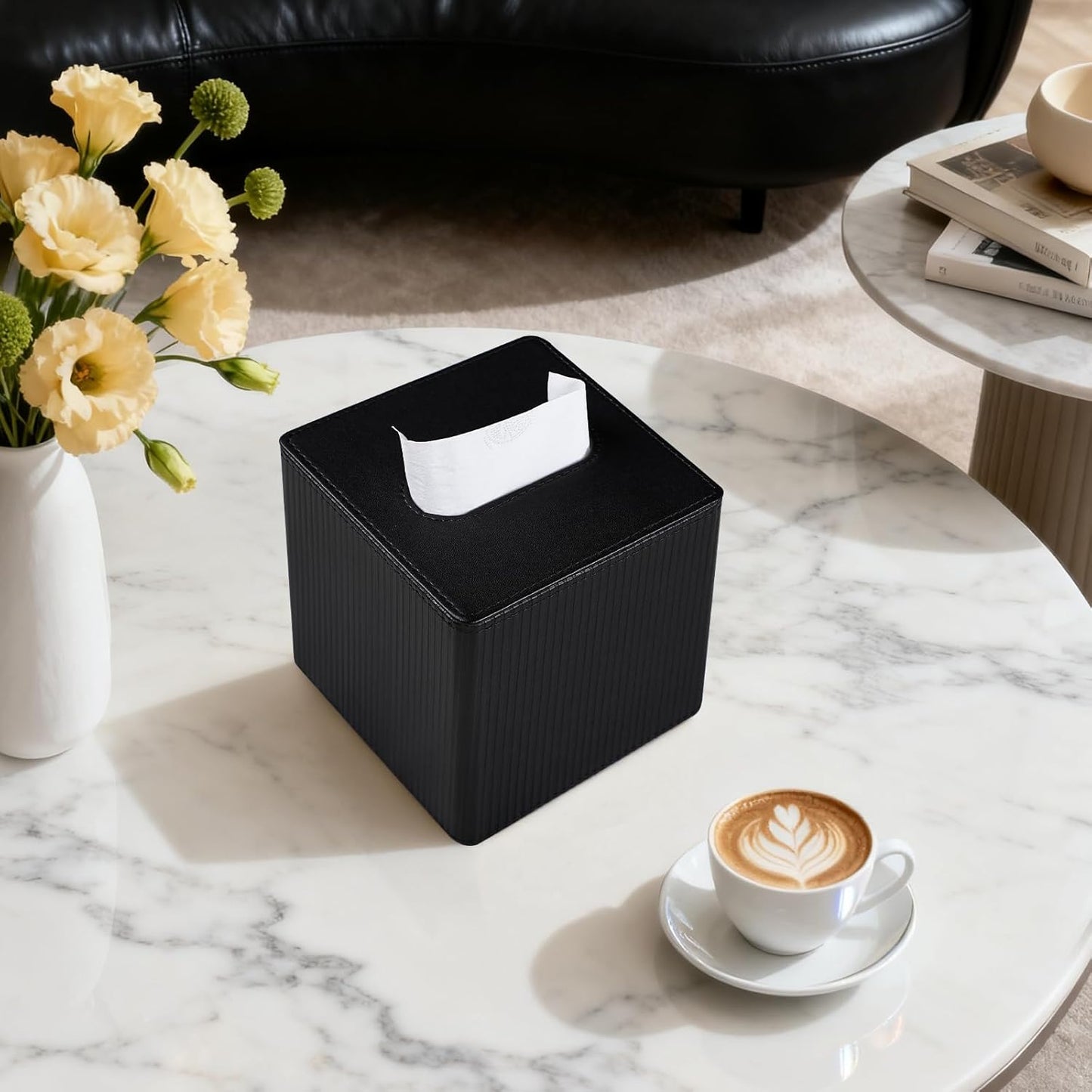 PU Leather Tissue Box Cover Square with Magnetic Closure, Modern Tissue Box Holder for Bathroom Bedroom Office Desk, Decorative Square Tissue Holder (Black)