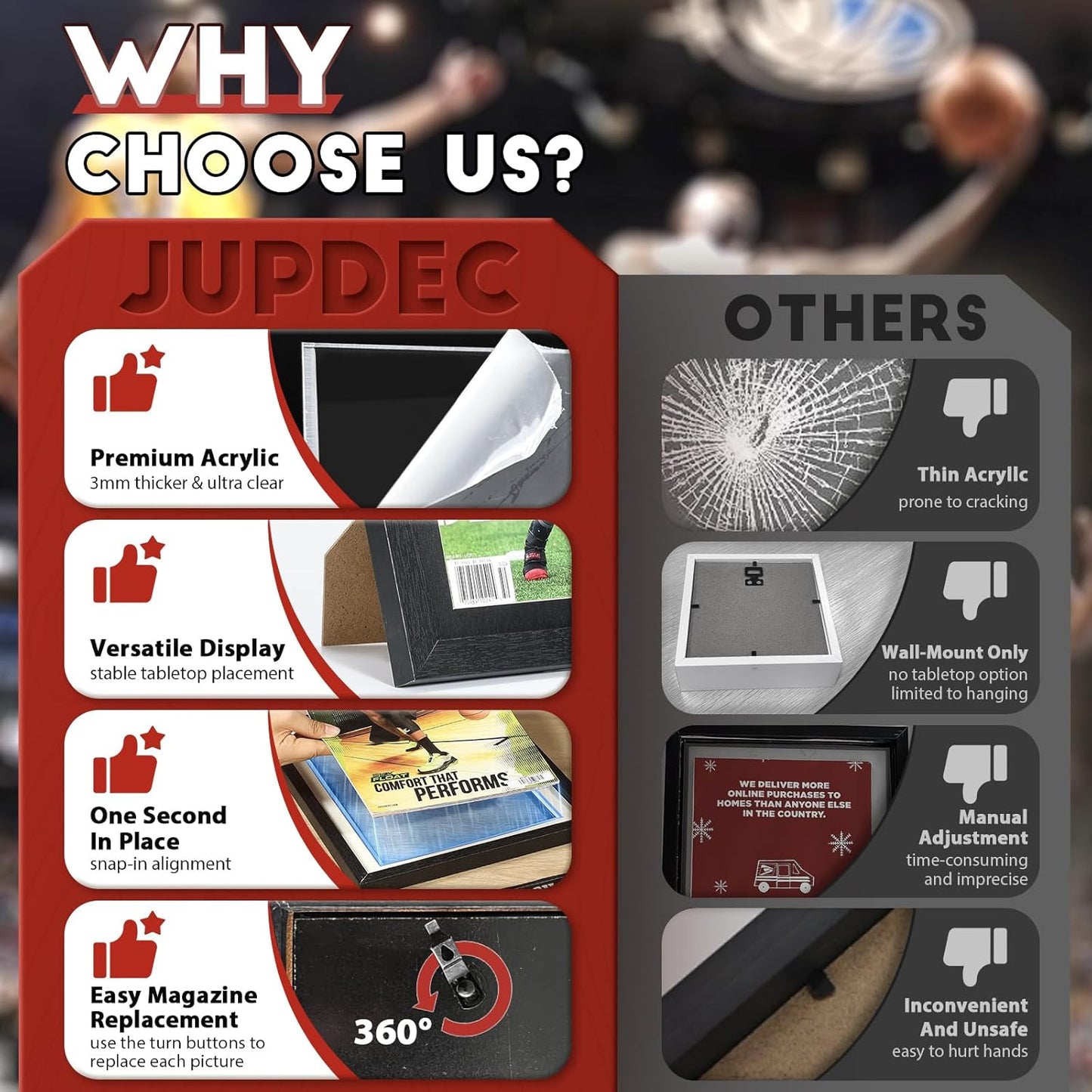 JupDec Sports Magazine Frame 2 Pack, Premium Wood Display Case for 8" x 10.5" Magazines, Wall Mount or Tabletop Stand, Layered Design with Positioning Mat, Perfect for Sports Fans & Home Decor, White