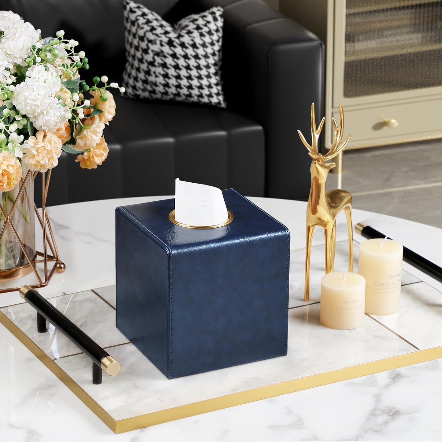 Square Tissue Box Cover, Luxury PU Leather Tissue Holder with Magnetic Closure (Navy Blue)