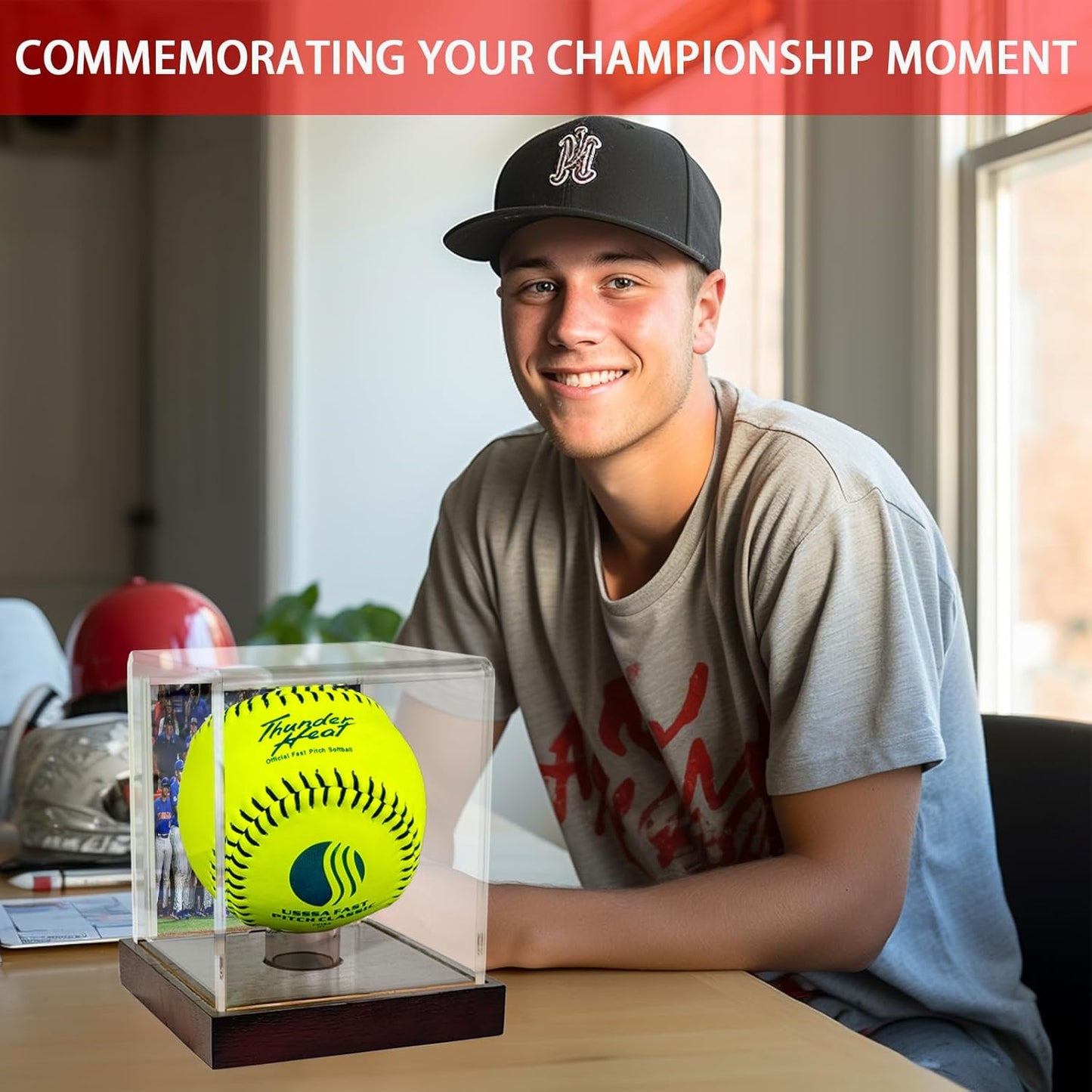 Clear Softball Display Case with Wood Base and Compartment for Photos,Cards,Acrylic Ball Display Holder for 12 inch Softball,UV Protected Cube Stand for Tennis Ball Baseball,Sport Collection Showcase