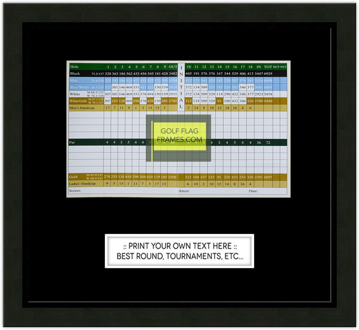 Custom Size Golf Scorecard Frame; Black Wood Frame 416, Scorecard Size 5x8H, Mat Color Black