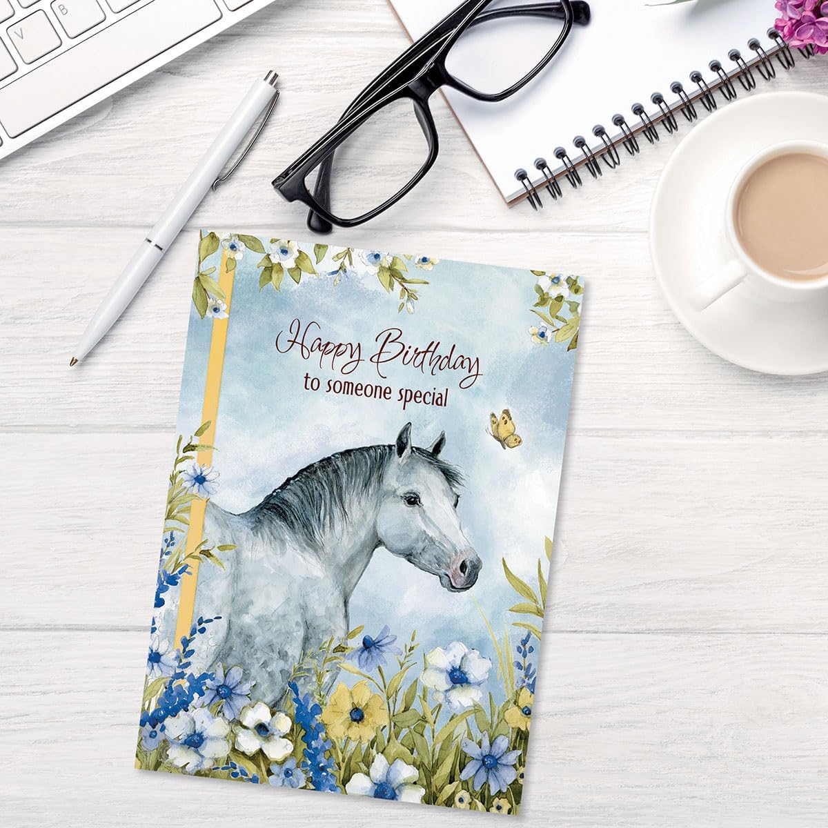 Horses in Flowers Birthday Greeting Cards by Susan Winget - Set of 8 (4 Designs), Large 5" x 7", Happy Birthday Cards with Sentiments Inside