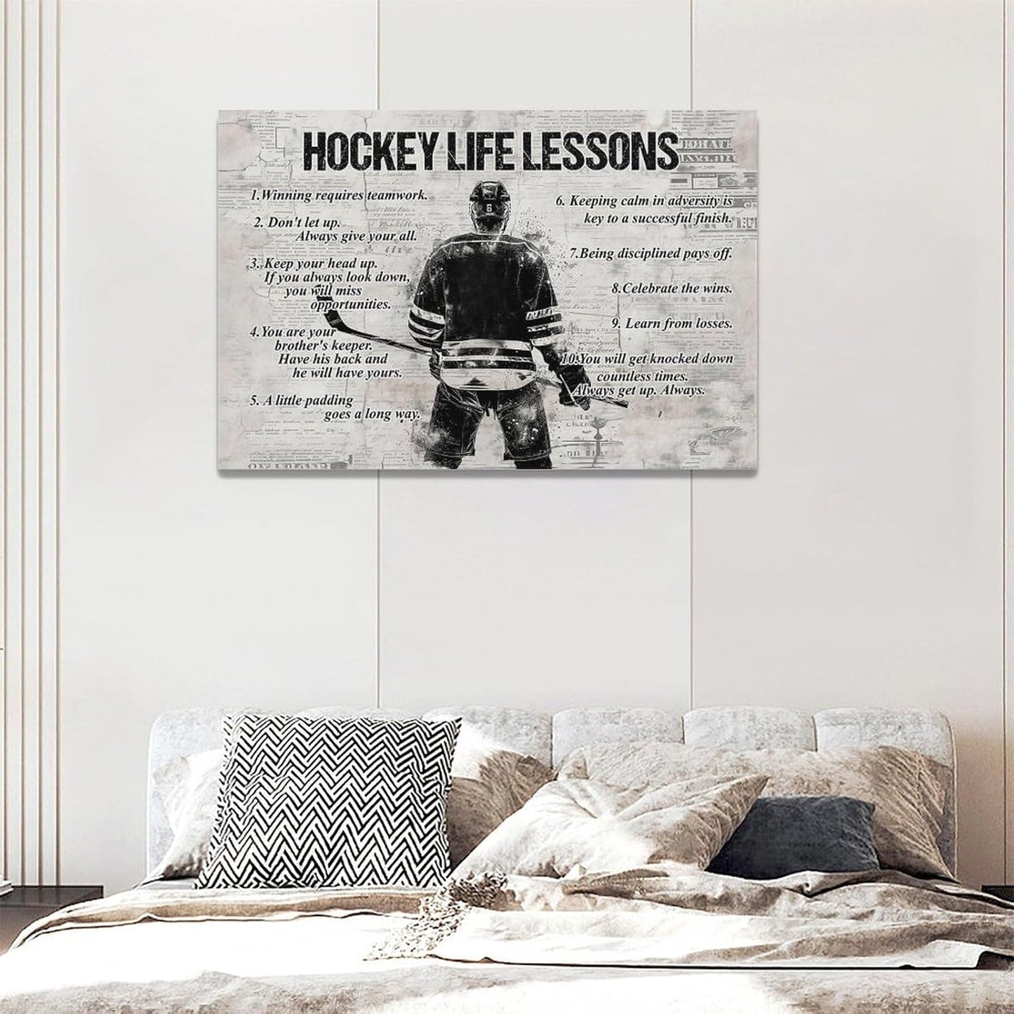 Vintage Hockey Sports Wall Art Life Lessons Sign Retro Poster for Boy Men Room Motivational Decorations Canvas Print Painting Artwork for Bedroom Bathroom Living Room 24"x16"