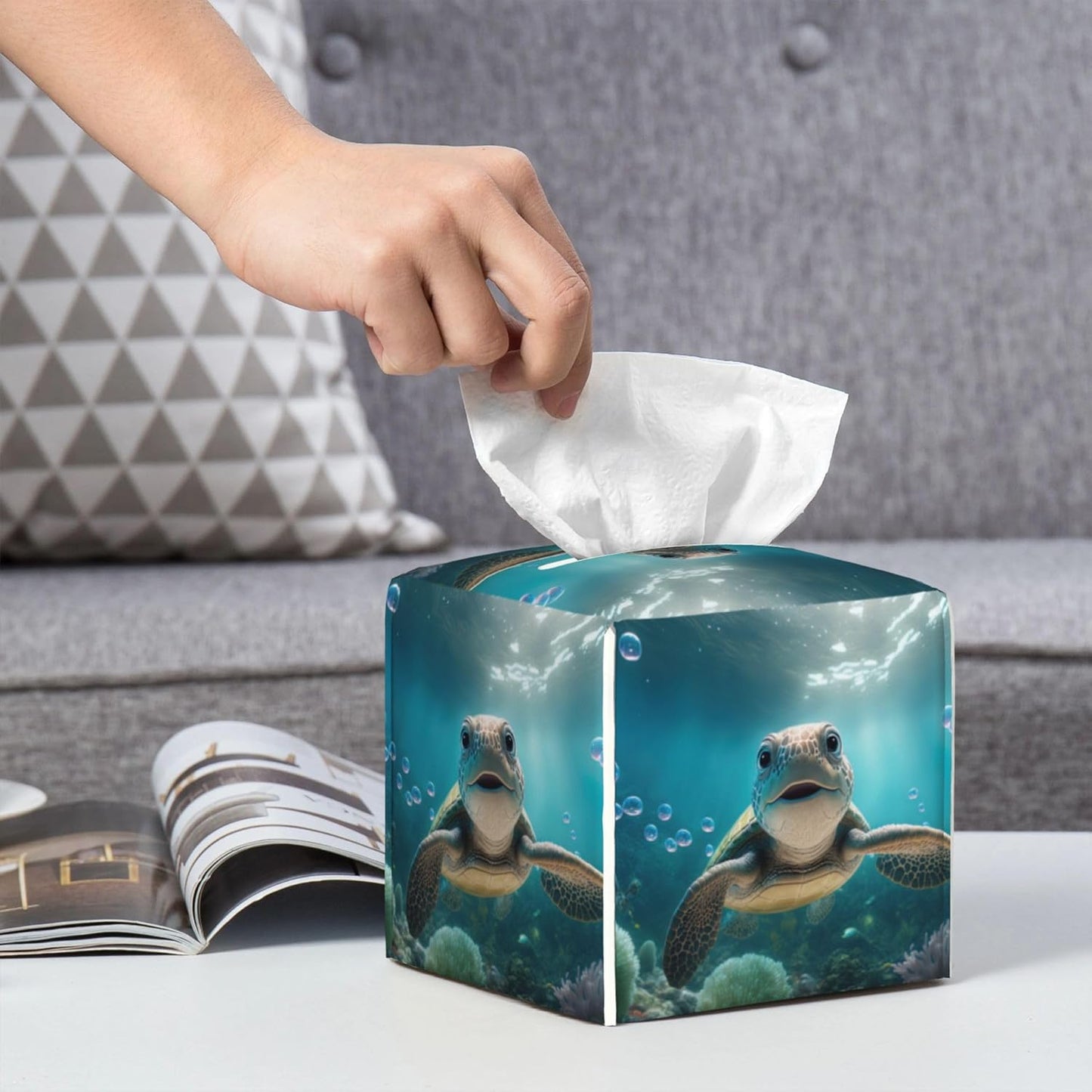 Cute Sea Turtle Tissue Box Cover Square, Blue Ocean Turtle Tissue Box Holder Waterproof Leather Facial Paper Organizer Dispenser for Bathroom Home Car Nightstand Vanity Desk