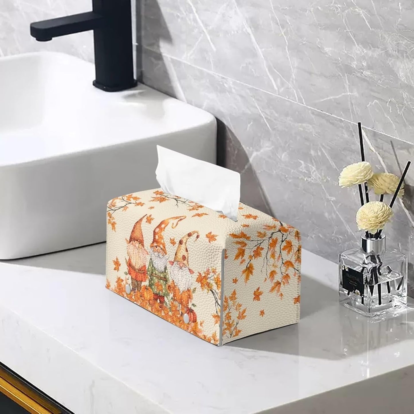 Thanksgiving Tissue Box Cover Rectangle Cute Gnome Tissue Box Holder for Car Fall Tissue Cover Box Soft PU Leather Bathroom Decorations Portable for Travel