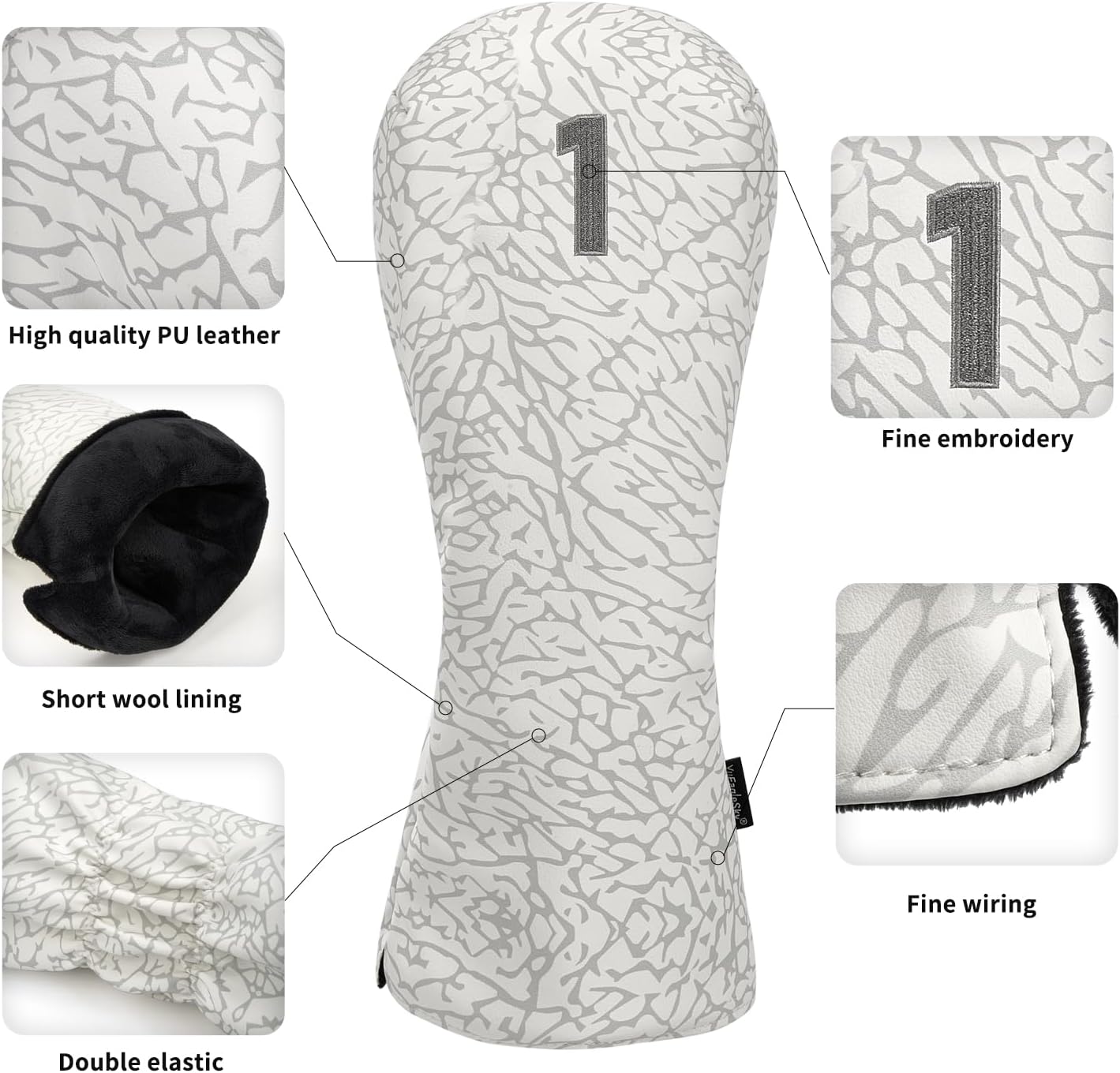 Golf Driver Head Covers 3-Pack for Men & Women - Premium PU Leather with Elephant Embroidery, Double Elastic Band (Driver/Fairway/Hybrid), Waterproof & Durable - White Grey or Black Grey