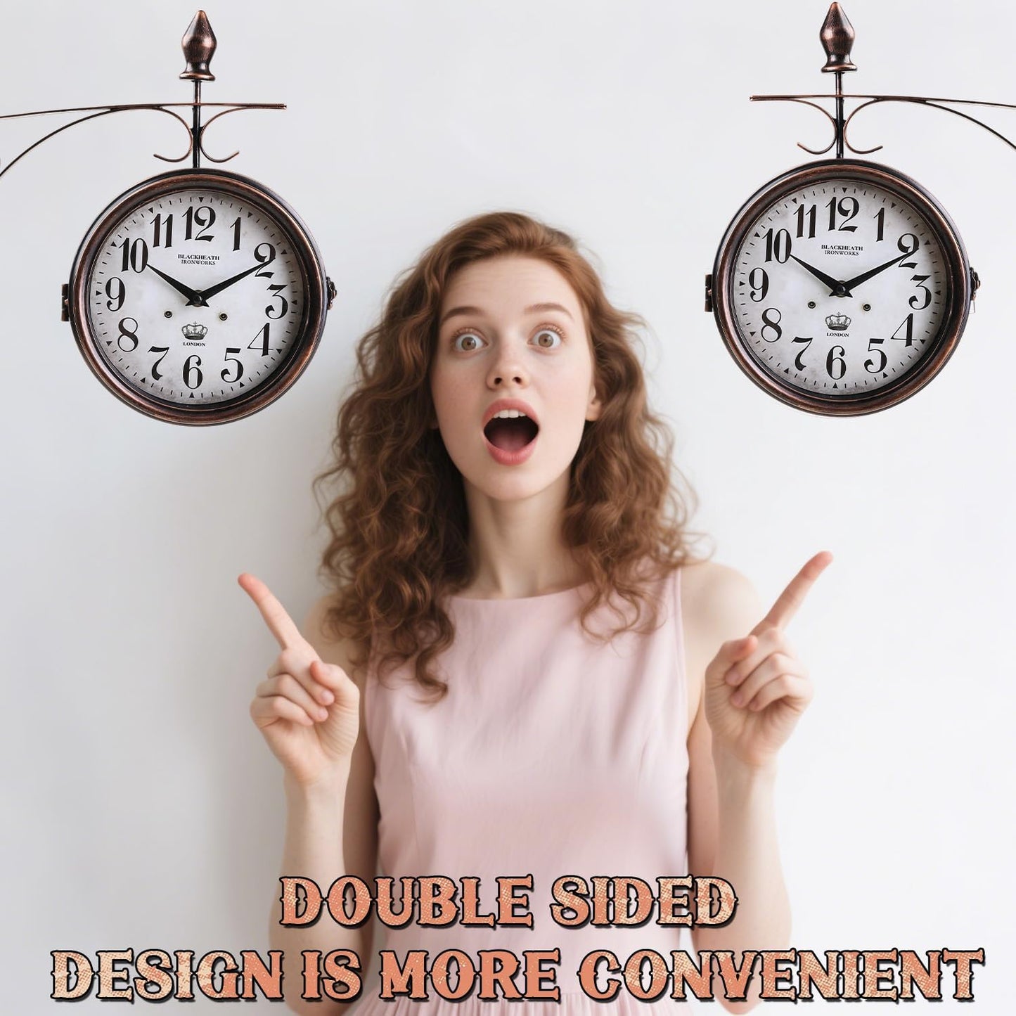 Metal Double Sided Hanging Clock with Retro Brown Sturdy Frame,Glass Lens,Silent Quartz Movement, Indoor/Outdoor Double-Sided Decorative Wall Clock for Home Decor Farmhouse Station Office Garden