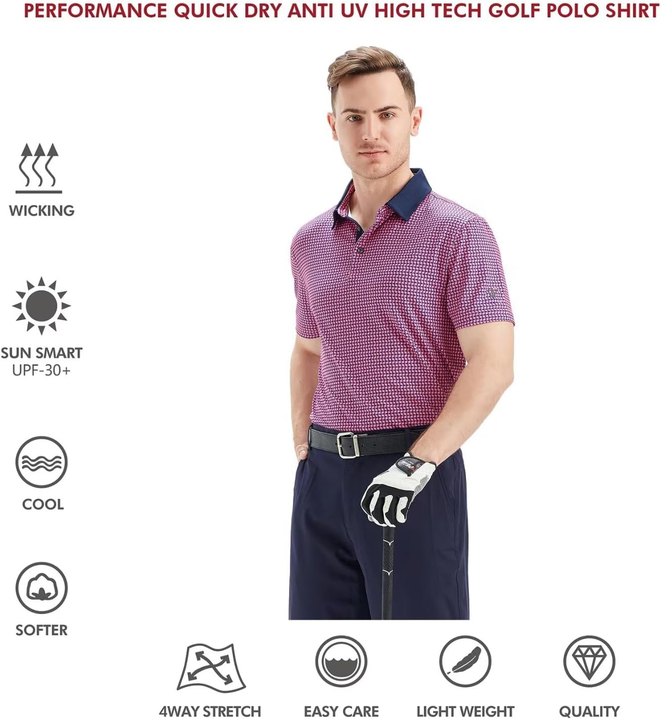 Golf Shirts for Men Dry Fit Short Sleeve Print Performance Moisture Wicking Polo Shirt