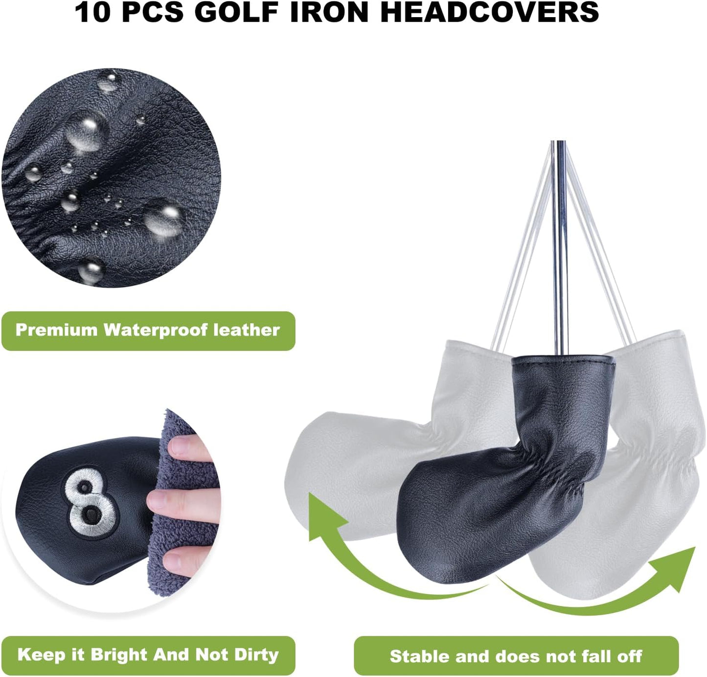 10 Pcs Iron Covers for Golf Clubs, Premium PU Leather Golf Iron Covers with Embroidered Big Numbers, Fits Most Iron Clubs and Hybrid Irons, Easy On and Off