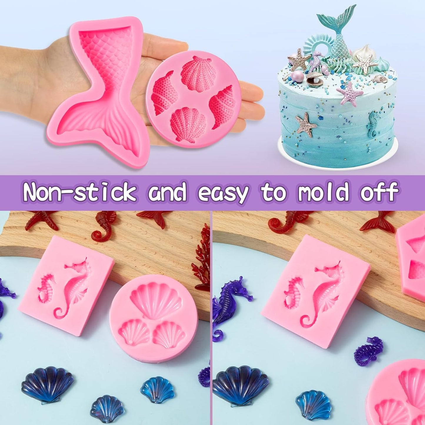 Elfkitwang Marine Theme Fondant Silicone Mold,Seashell,conch, Mermaid Tail,Seahorse,starfish,coral, DIY Handmade Baking Tools for Mermaid Theme Cake Decoration