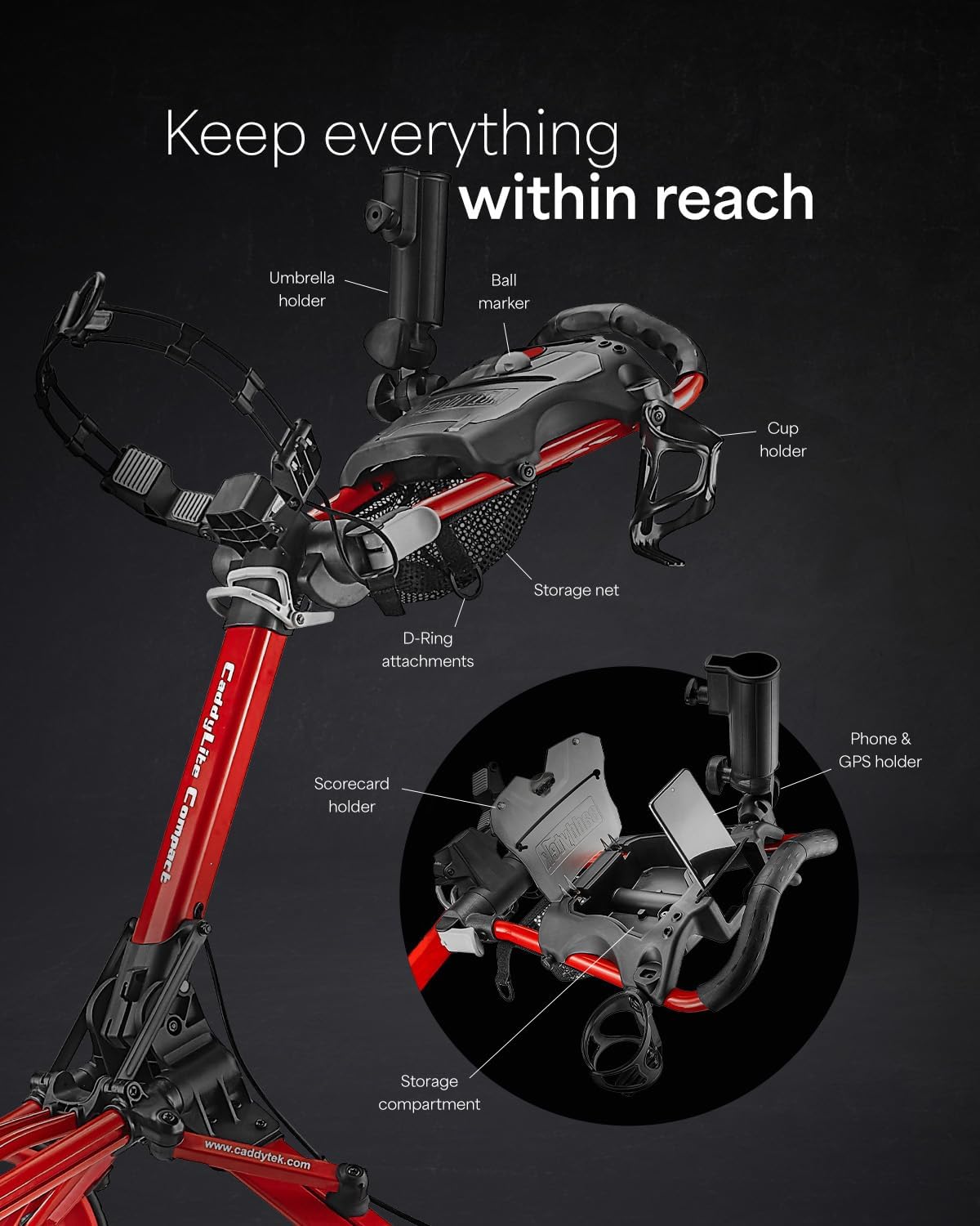 Caddytek CaddyLite Compact Golf Push Cart - Lightweight Aluminum 3-Wheel Foldable Golf Bag Cart with Quad-Fold System, EVA Wheels, Adjustable Handle, Brake, Mesh Net, Umbrella & Drink Holder