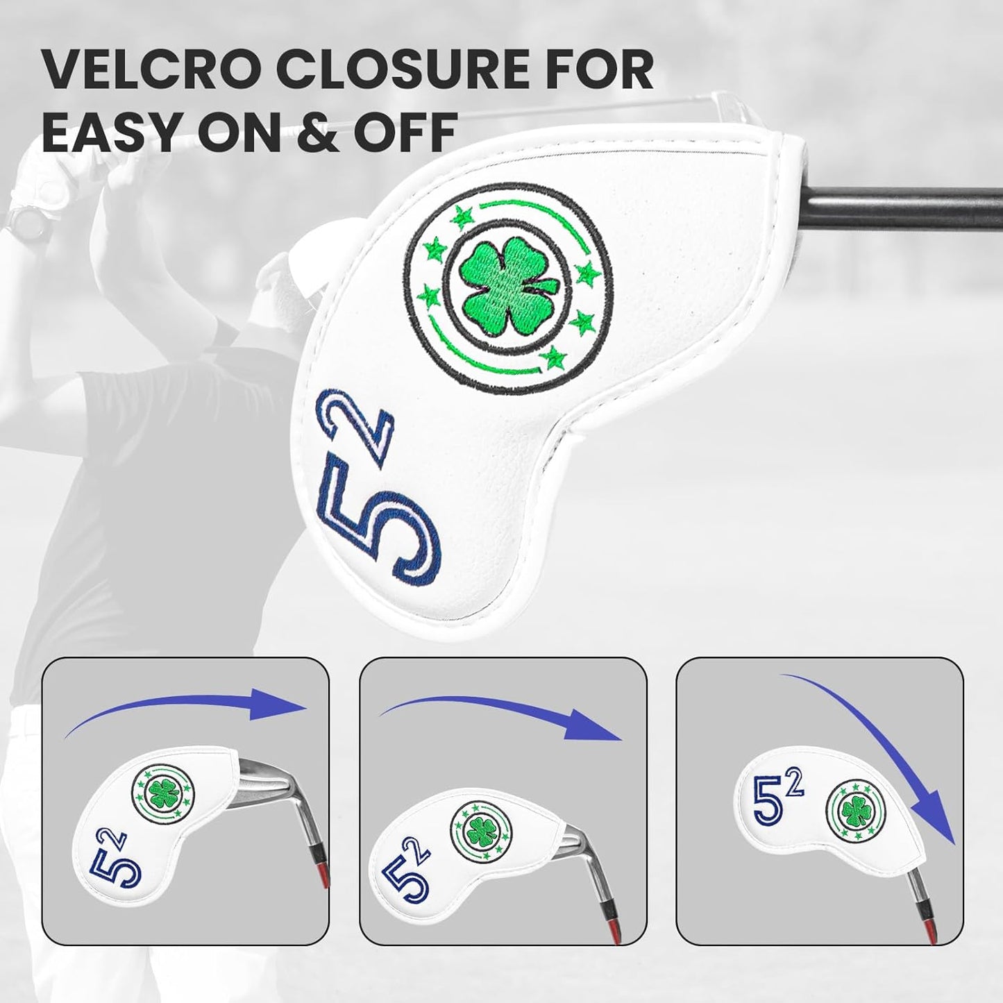 Golf Iron Wedge Head Covers 52° 54° 56° 60° 1 or 4 Pack, Synthetic Leather Clover USA Flag Design Club Head Protection, Universal Headcover Fit Iron Clubs for Men Women