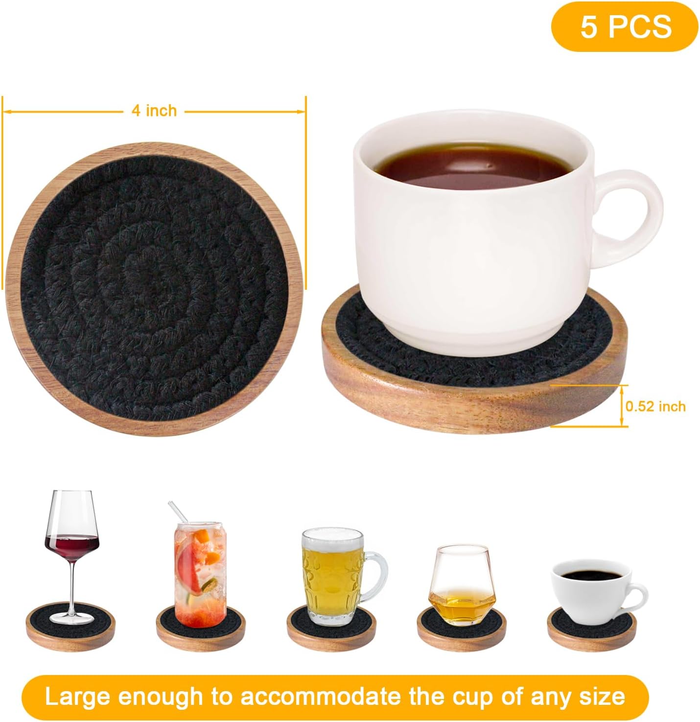 Drink Coasters Set of 5, Coasters for Drinks Absorbent, Wood Coasters for Coffee Table, Housewarming Gift for Farmhouse Home Decor,4 inches (Black)