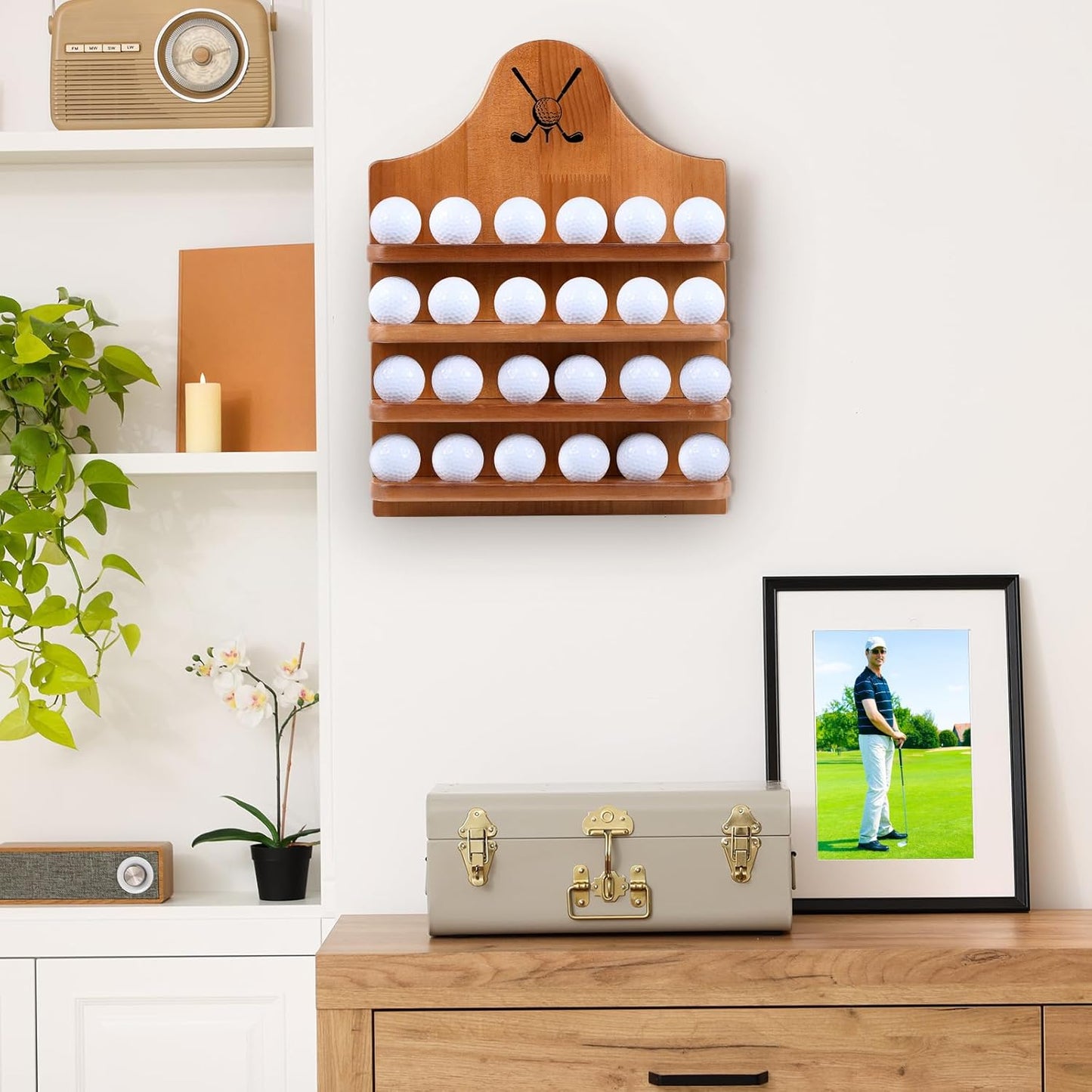 Marsui Wooden Golf Ball Display Case 24 Balls Wall Mounted Golf Ball Display Holder Father's Day Collection Gifts for Golf Ball Enthusiasts Dad, 15. 8 x 11. 8 Inch