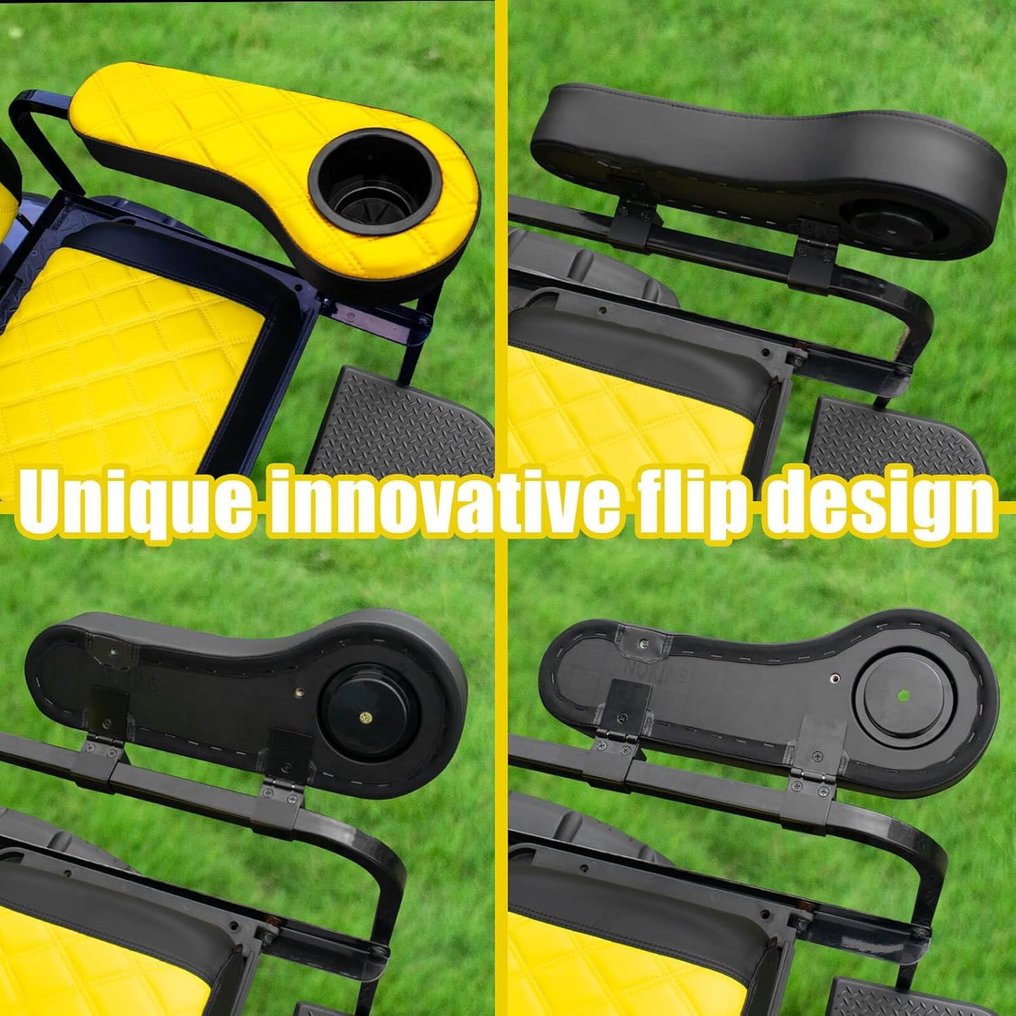 NOKINS Golf Cart Diamond Flip Armrest with Cup Holder, No Drilling Required, Golf Cart Folding Hinged Armrest, Inward Mount, for Club Car EzGo Yamaha Back Seat Kit