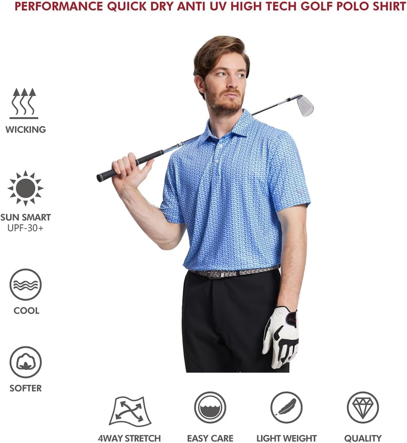 Golf Shirts for Men Dry Fit Short Sleeve Print Performance Moisture Wicking Polo Shirt