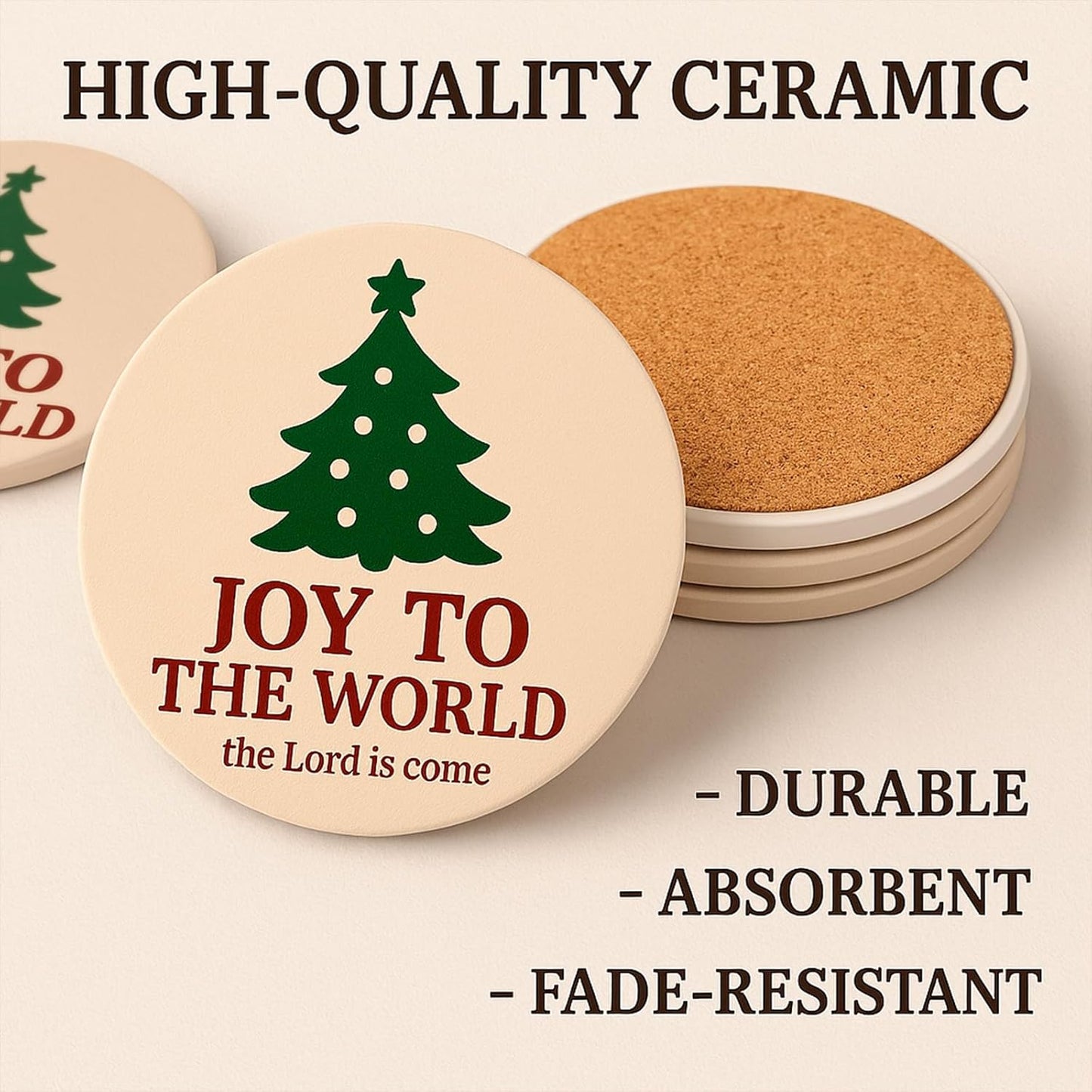 Joy to The World Christmas Coasters Set of 4, Christian Religious Ceramic Drink Coasters with Absorbent Stone & Cork Backing – Holiday Xmas Table Decor, Faith Gifts for Coffee Tea Wine, Housewarming