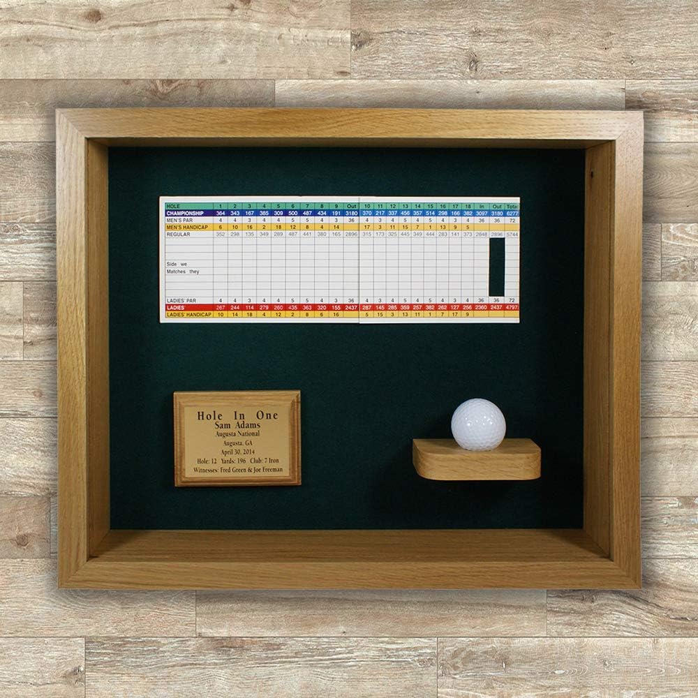Hole in One Shadowbox and Golf Ball Display Case | Personalized Engraved Plate | Holds Golf Ball and Scorecard or Photo | Horizontal Layout | Oak Finish | Wall Mounted