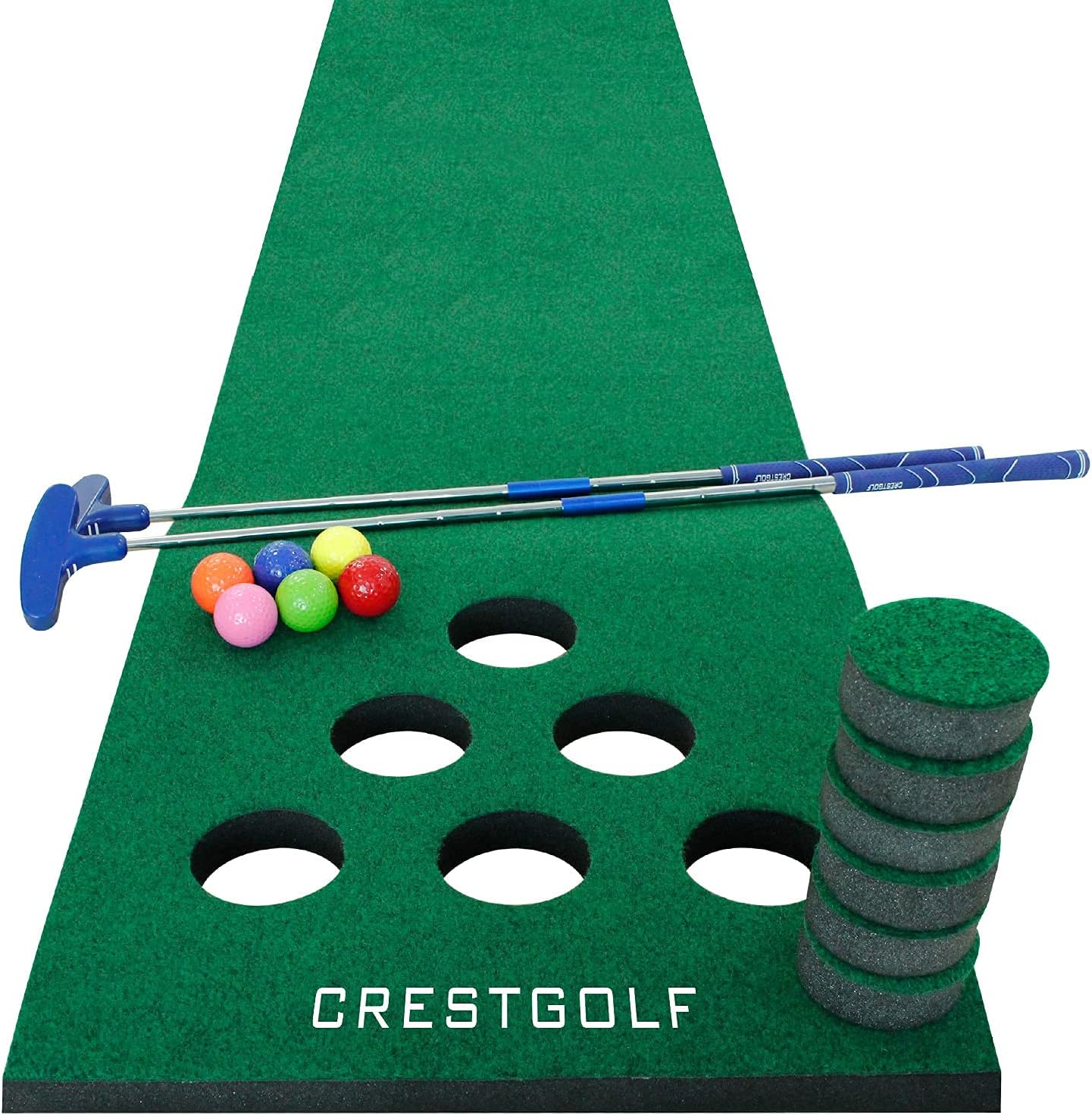 Crestgolf Mat Game Set Green Mat, Putting with 2 Adjustable Putters, 6 Golf Balls,12 Golf Hole Covers for Indoor&Outdoor Short Game Office Party Backyard Use