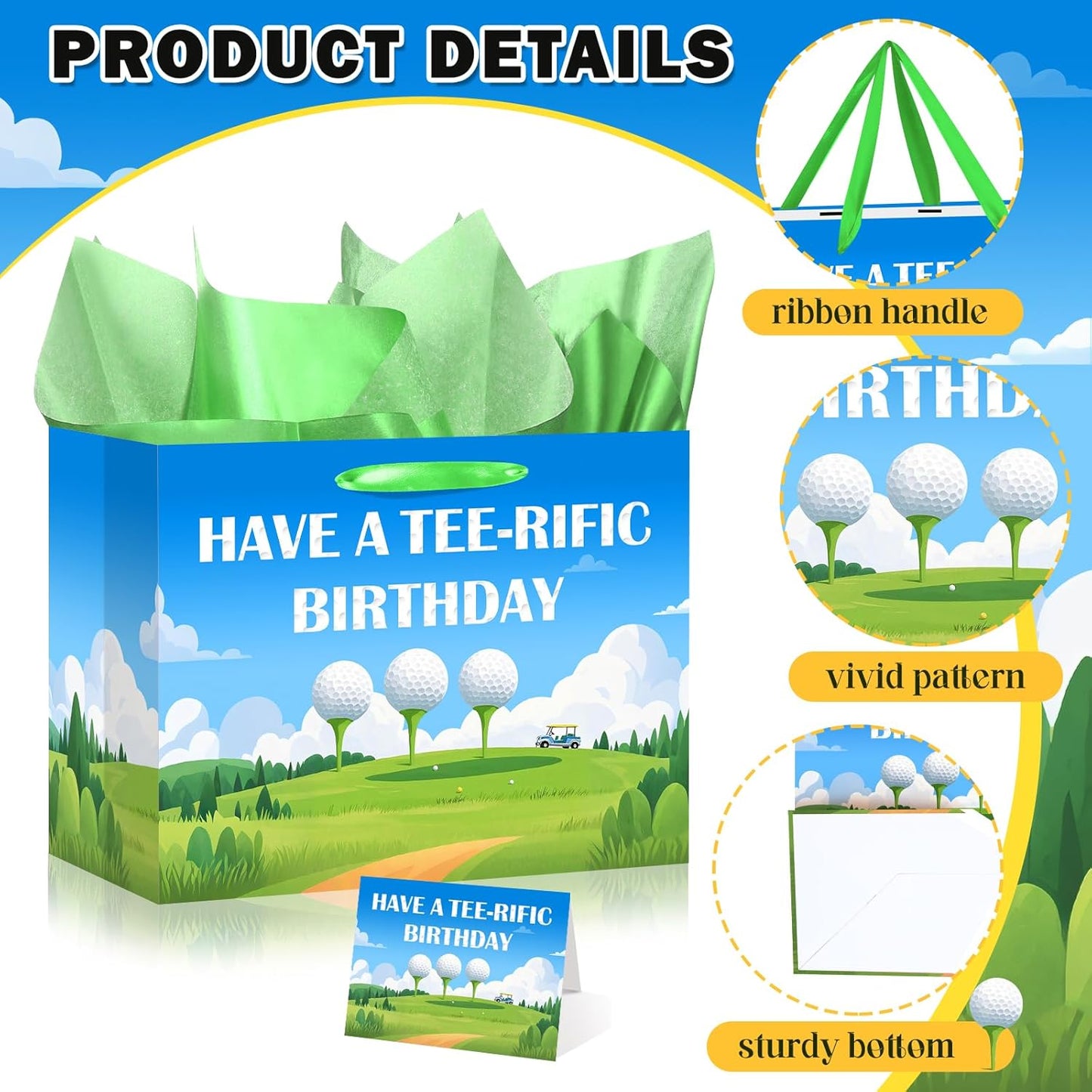 bigniuzi Golf Birthday Gift Bag with Tissue Paper for Men Boy Golf Wrapping Paper and Greeting Card Sports Party Favor Treat Bag for Party Supplies