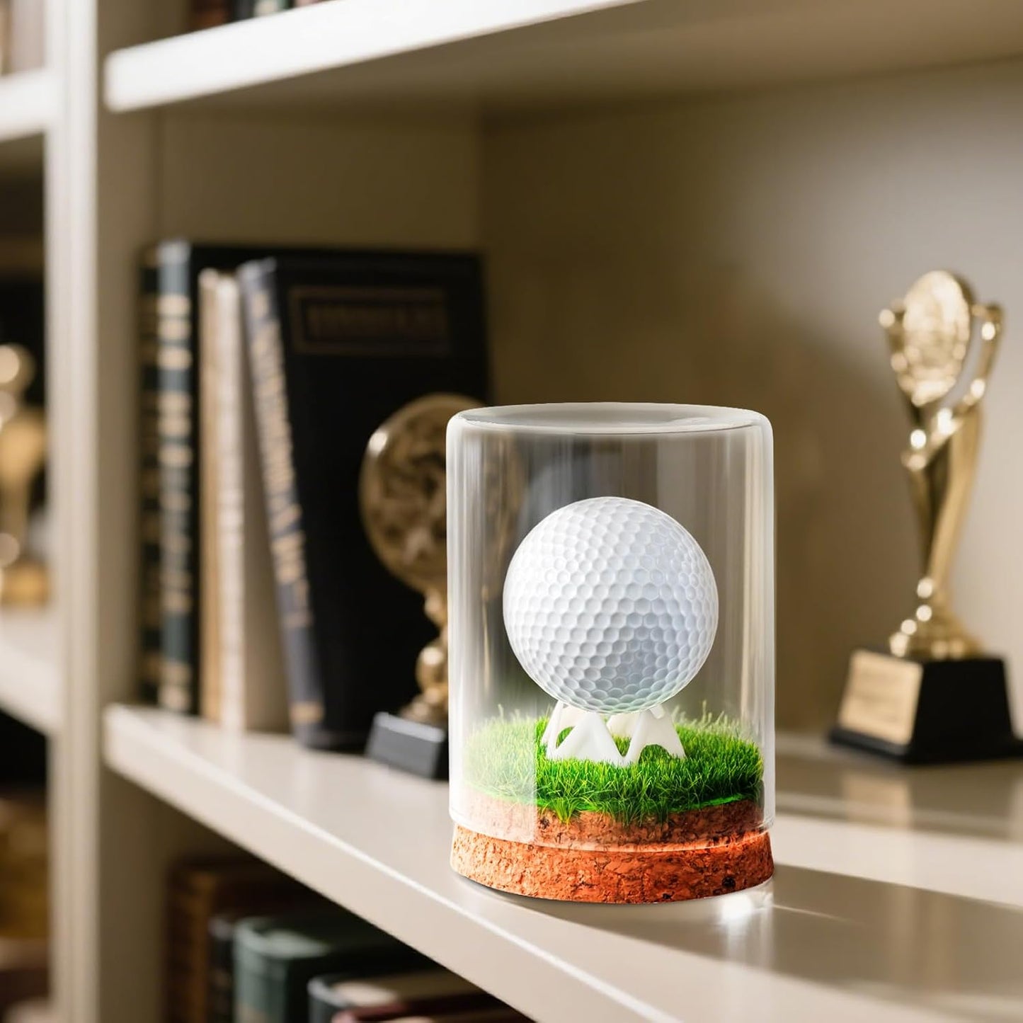 Rocalt Golf Ball Display Case, Hole in One Golf Ball Display Case, Clear Glass Golf Ball Holder with Cork Base, Lifelike Turf, and Plastics Tee, Golf Gifts Decor
