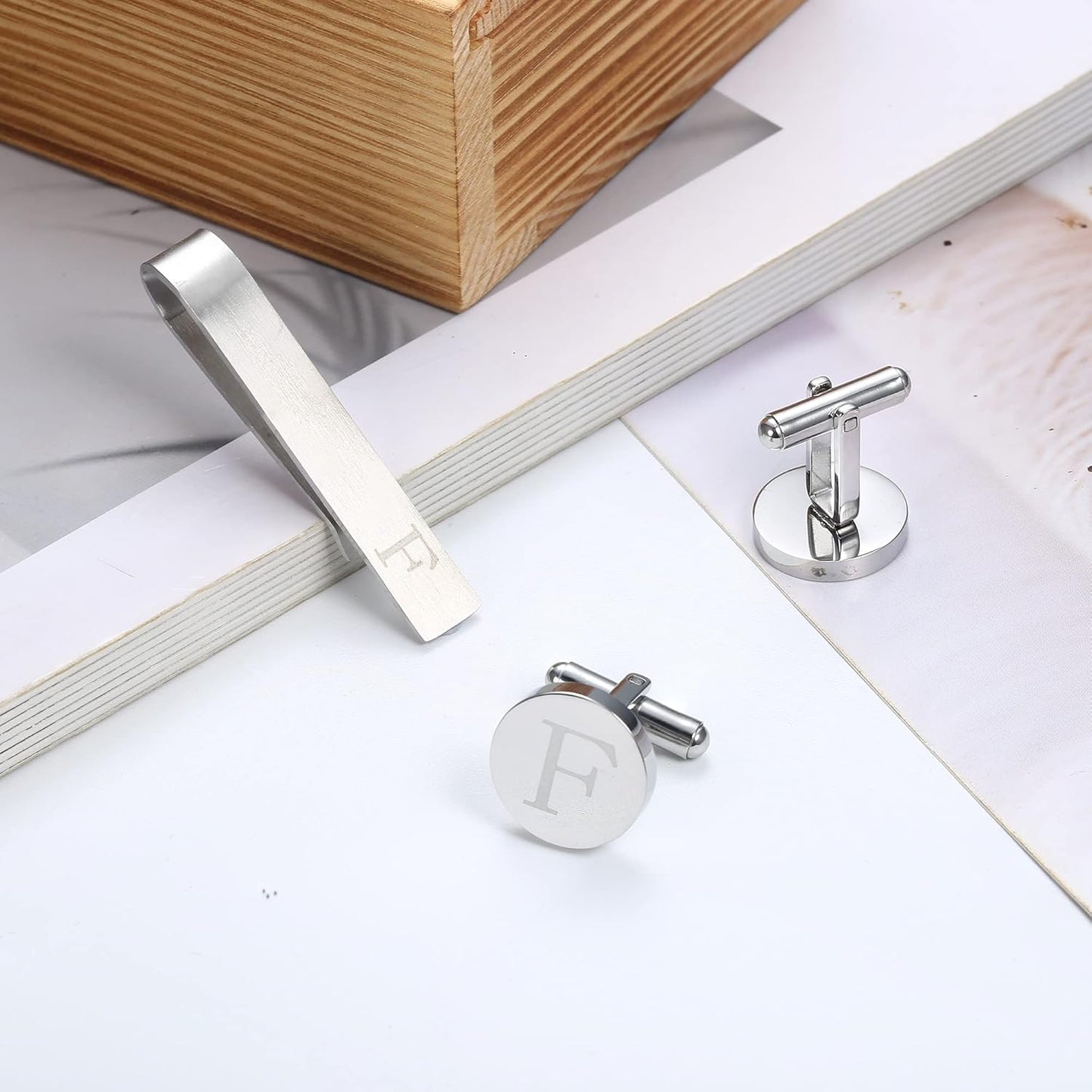 LOYALLOOK Stainless Steel Engraved Initial Cufflinks and Tie Clip Bar Set Alphabet Letter With Gift Box A-Z