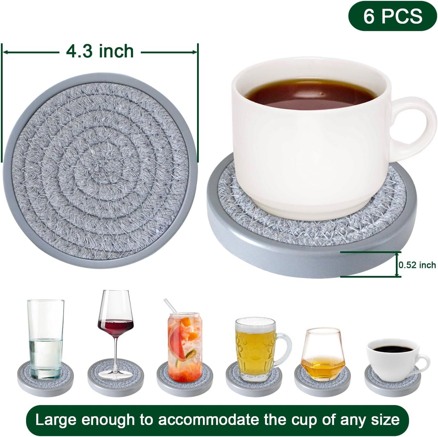 Drink Coasters Set of 5, Coasters for Drinks Absorbent, Wood Coasters for Coffee Table, Housewarming Gift for Farmhouse Home Decor,4 inches (Gray)