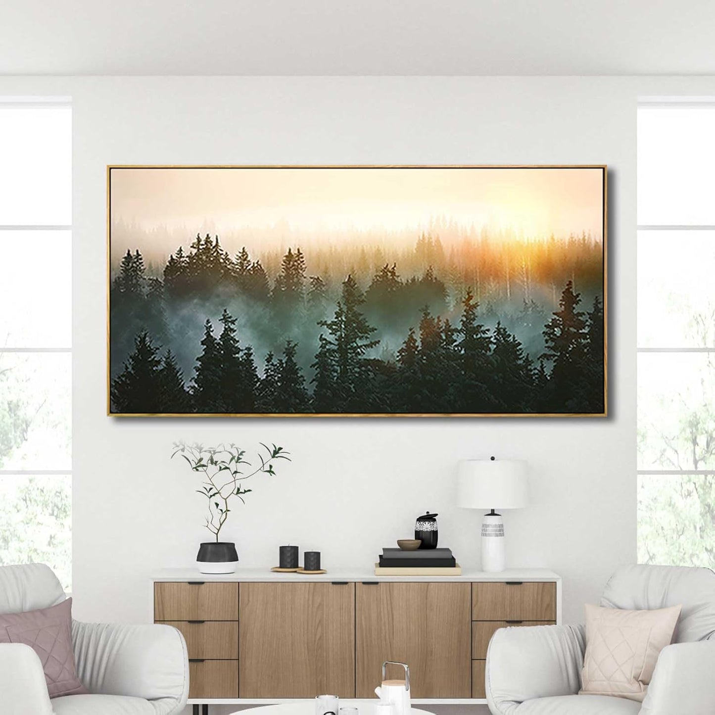 YJYart Large Foggy Forest Canvas Wall Art Landscape Mountain Painting 30x60 Inch Framed Wall Art for Bedroom Living Room Kitchen Office