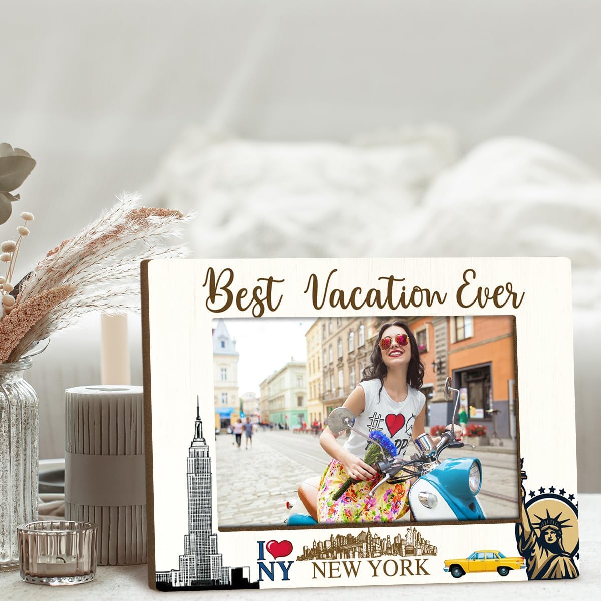 New York Souvenir Gifts Picture Frame for Desk Wooden Picture Frames 4x6 for Holiday Wood Photo Frames for Vacation Honeymoon Gifts for Couples Newlyweds Photo Gifts for International Travelers - M784