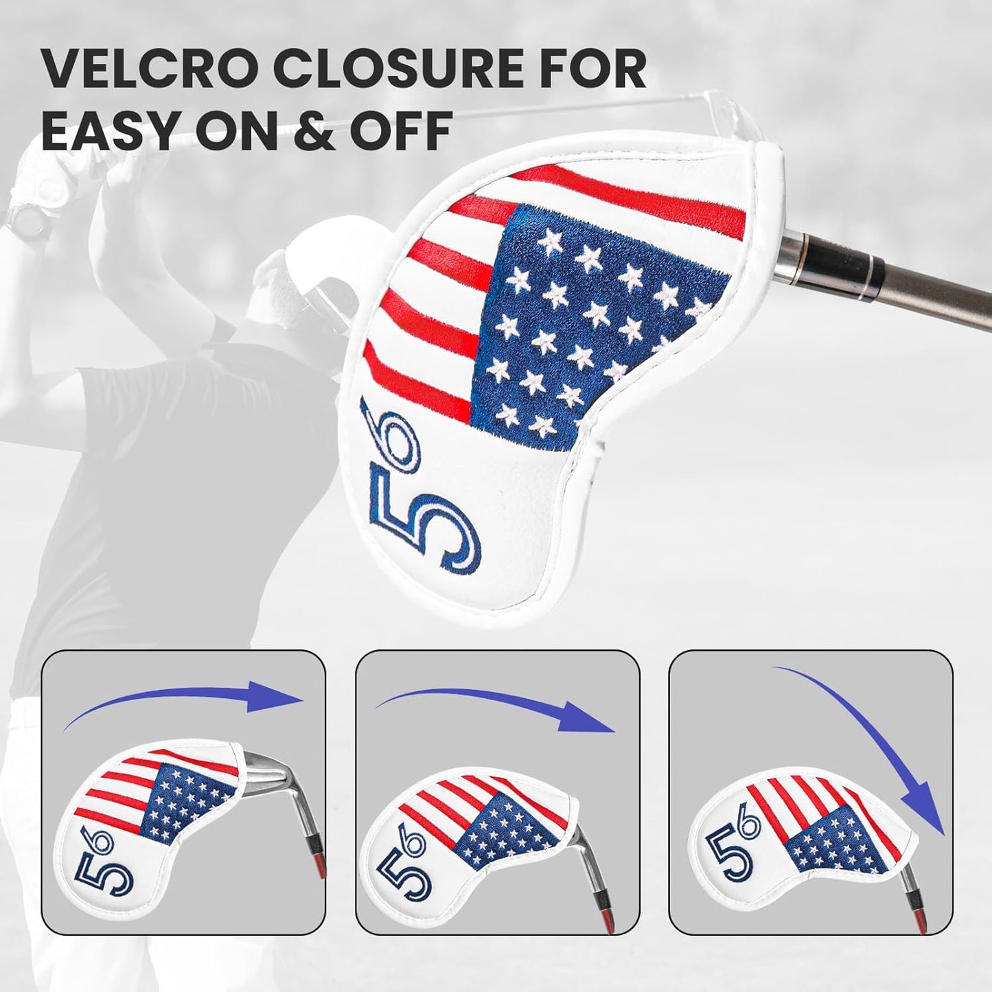 Golf Iron Wedge Head Covers 52° 54° 56° 60° 1 or 4 Pack, Synthetic Leather Clover USA Flag Design Club Head Protection, Universal Headcover Fit Iron Clubs for Men Women