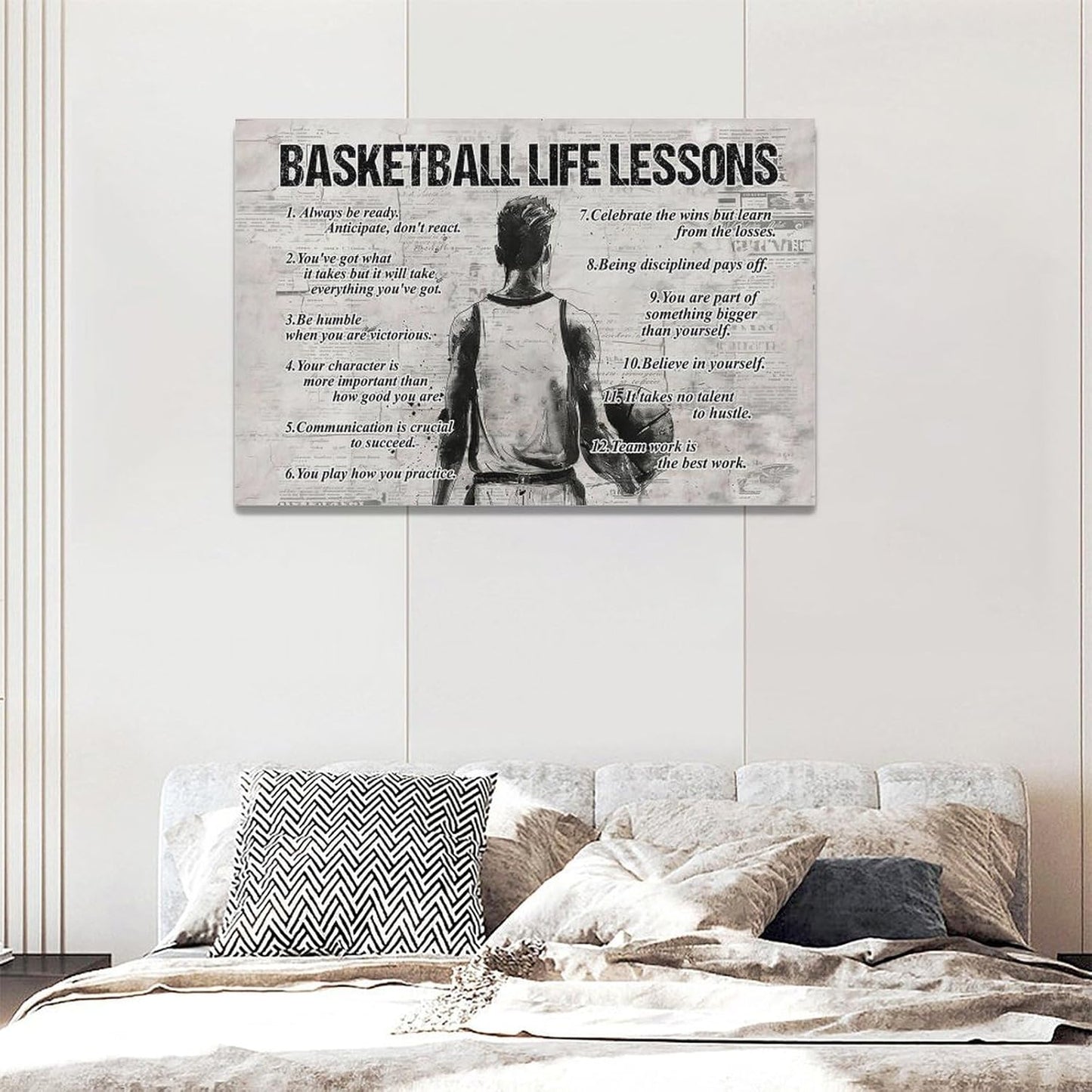 Basketball Sports Wall Art Basketball Life Lessons Wall Decor Basketball Sign Retro Poster Boy Men Room Motivational Decorations Canvas Print Painting Artwork for Bedroom Bathroom Living Room 24"x16"