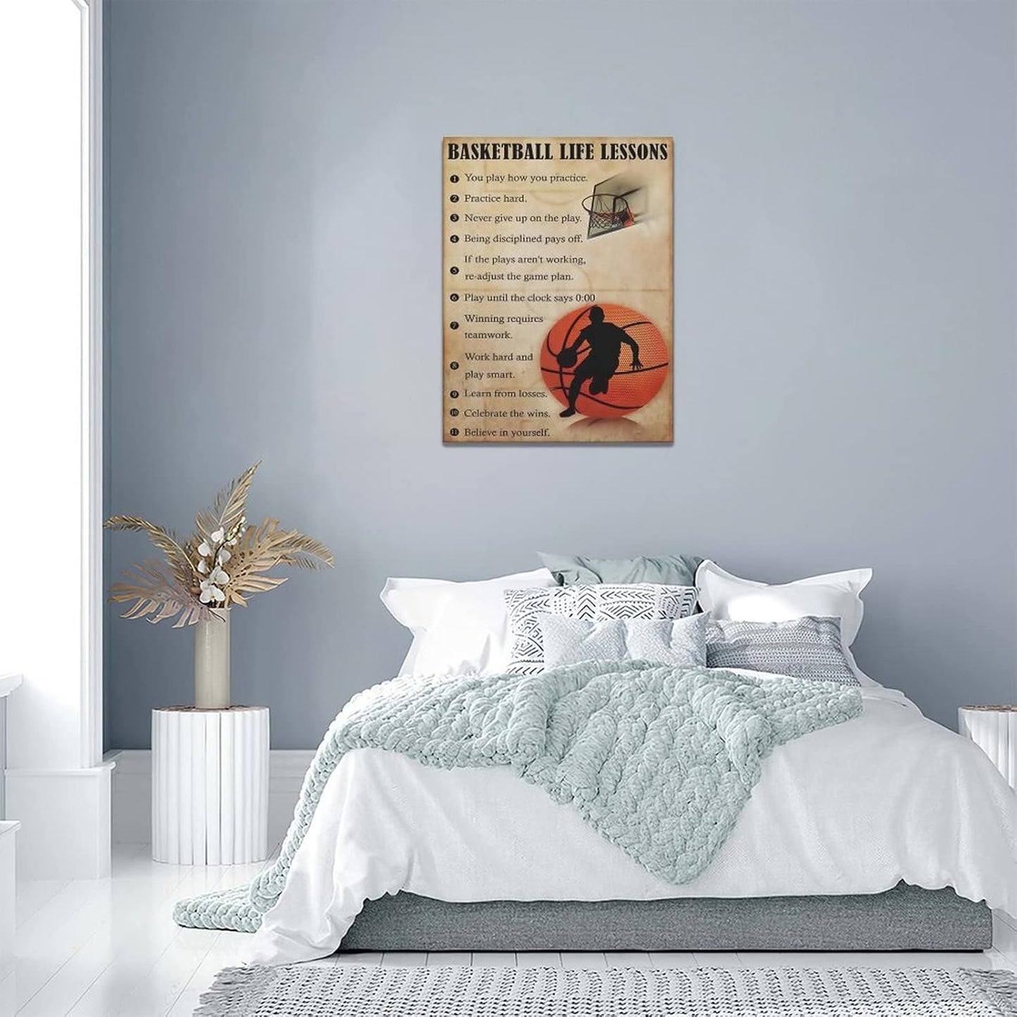 Basketball Life Lessons Wall Art - Canvas Wall Decor Gifts for Basketball Player Boy Man Motivational Sports Painting Print Artwork Framed for Classroom Boy Room Gym 12x16