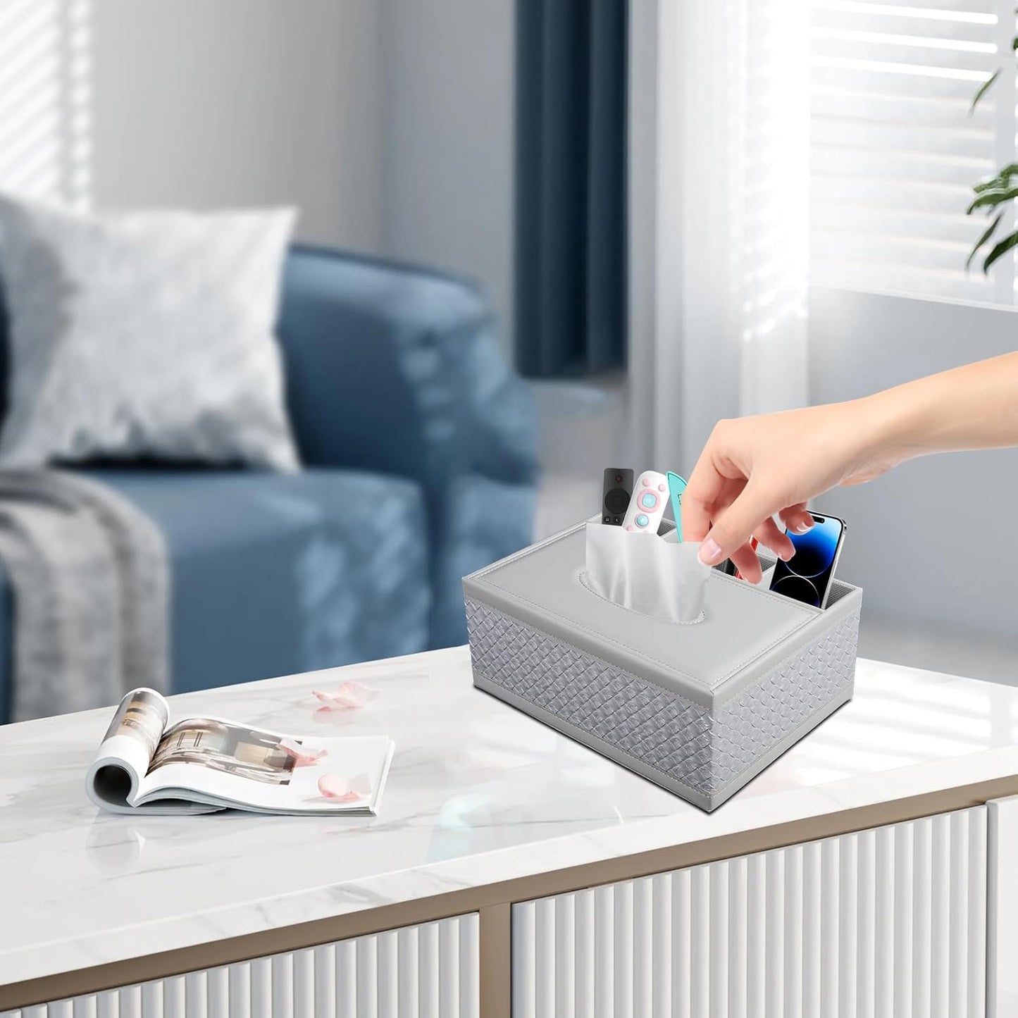 Tissue Box Cover Rectangle White Kleenex Box Holder PU Leather Facial Tissue Organizer,Multifunctional Remote Control Stationery Storage Box,Home Office Supplies Car Napkin Caddy