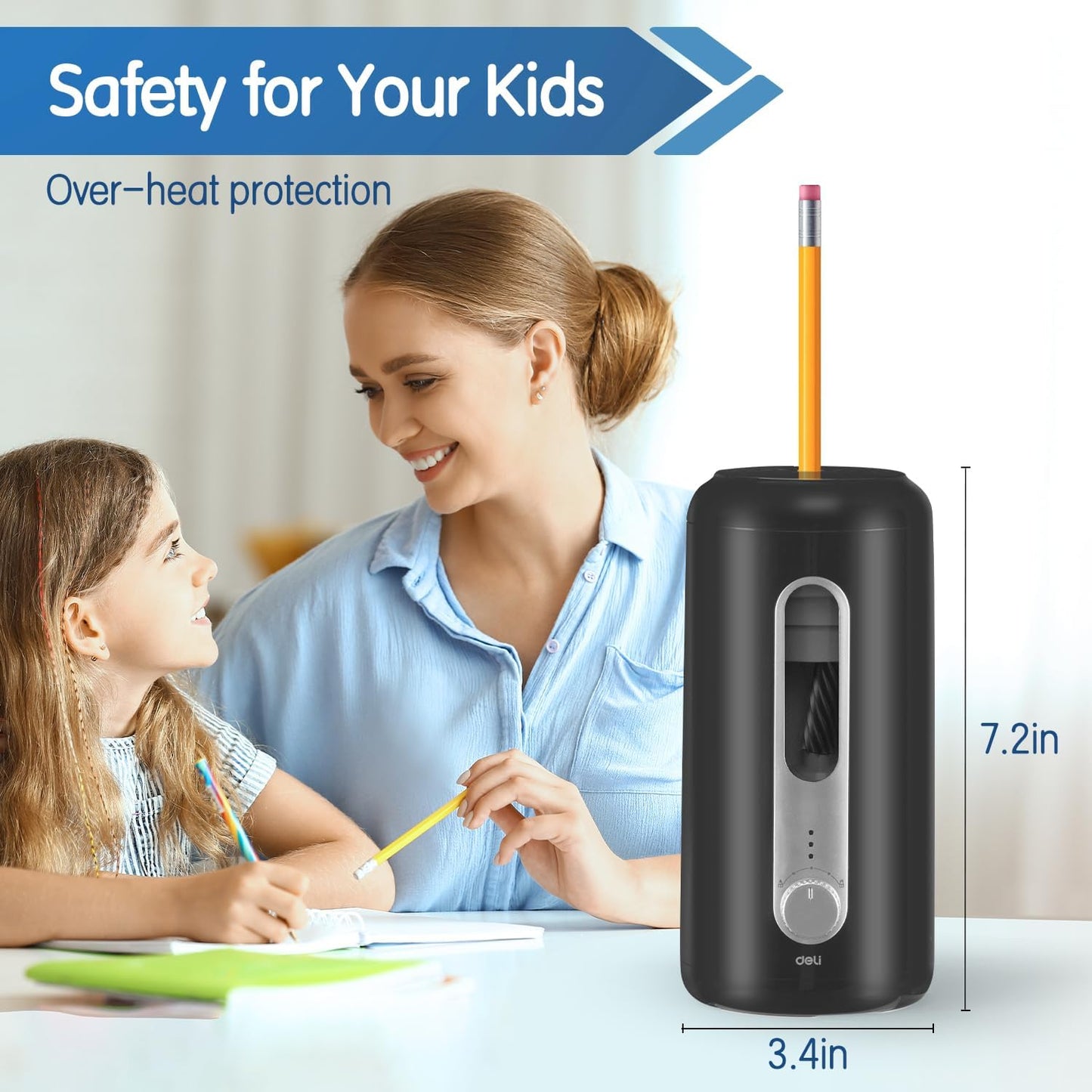 Deli Electric Pencil Sharpener, Fully Automatic Pencil Sharpeners, Auto in & Out, Rechargeable Hands-Free Pencil Sharpener for 6.9-12mm, Home, Classroom, Battery Operated
